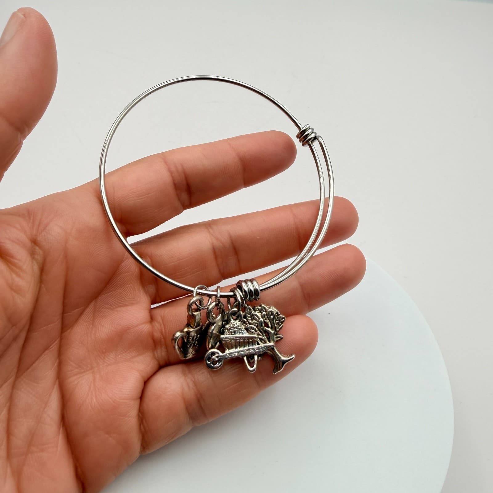 Vintage 90s Silver Tone Expandable Bracelet Featuring Gardening Charms Jewelry - Thumbnail 2