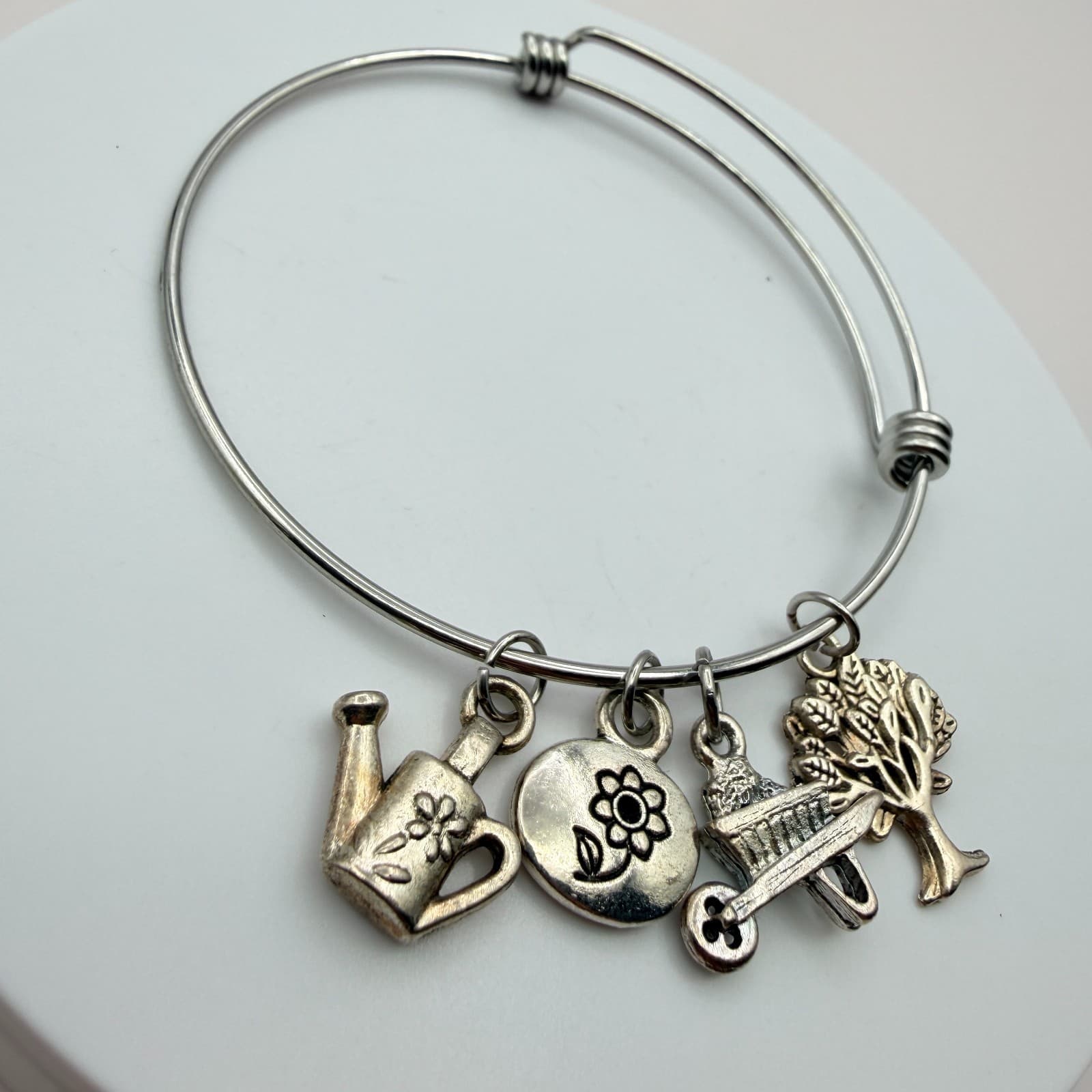 Vintage 90s Silver Tone Expandable Bracelet Featuring Gardening Charms Jewelry - Thumbnail 4