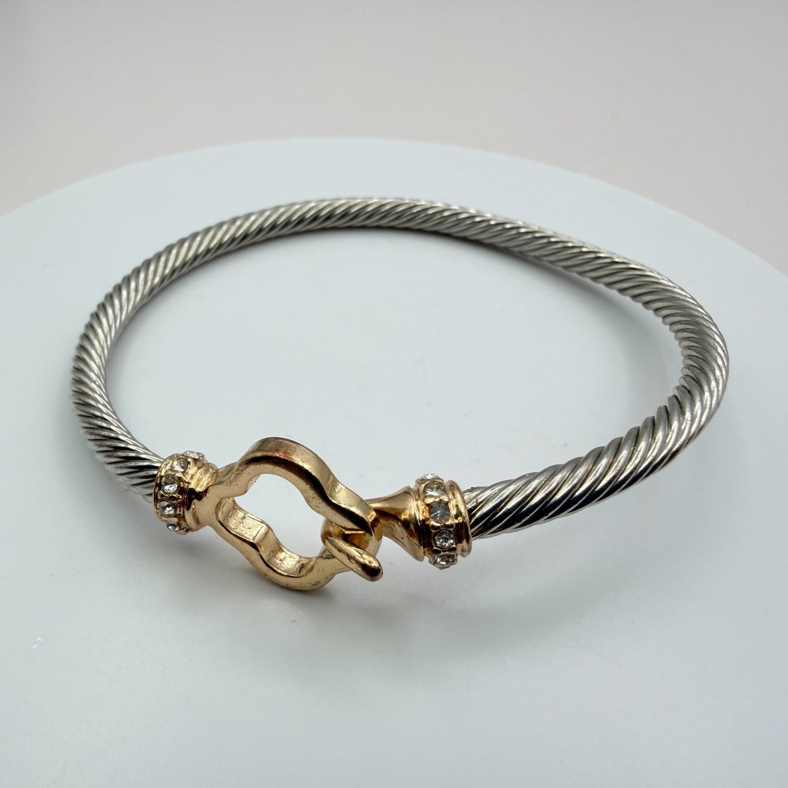 Vintage 90s Silver Tone Sophisticated Cable Bracelet Rhinestone Clover Jewelry - Image 1