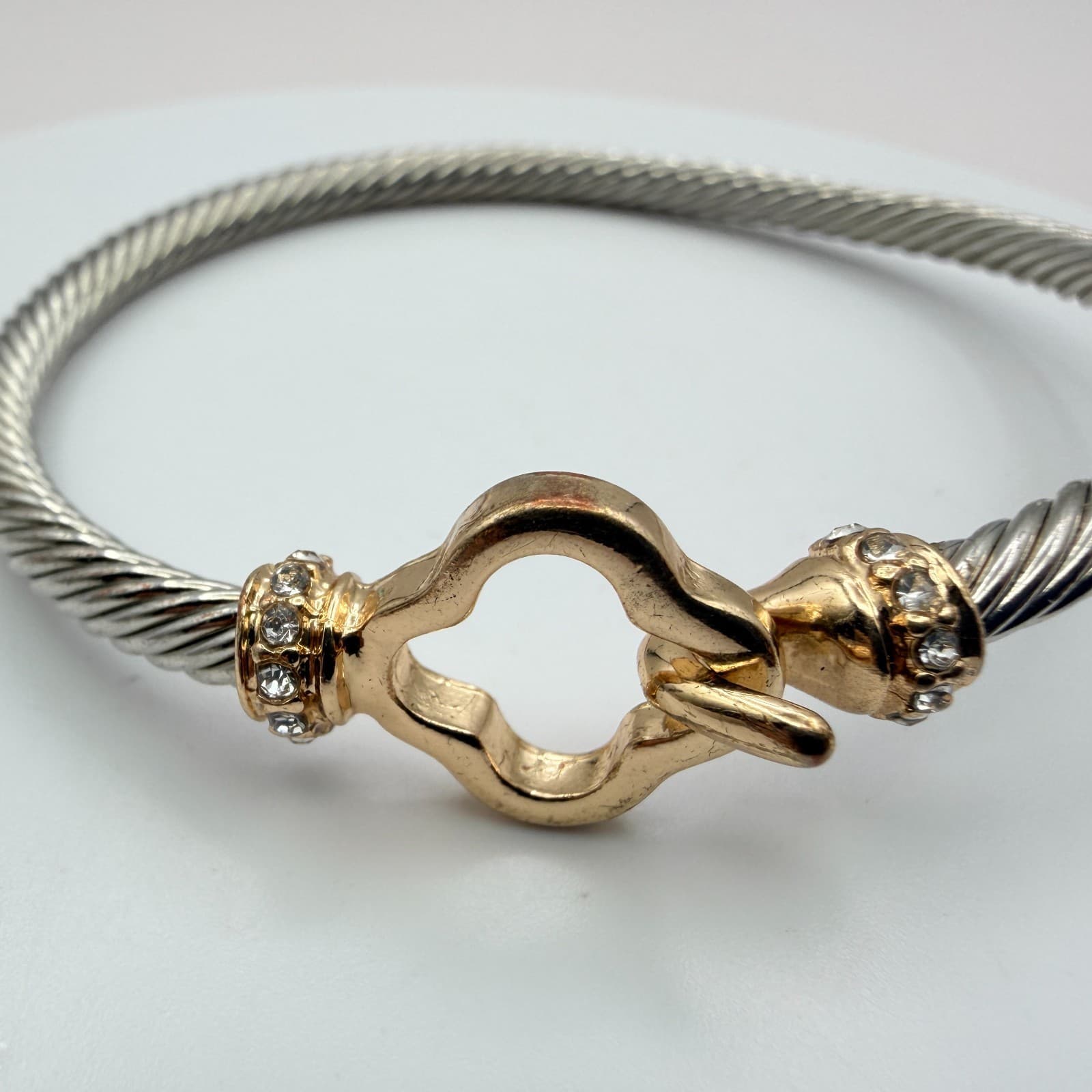 Vintage 90s Silver Tone Sophisticated Cable Bracelet Rhinestone Clover Jewelry - Thumbnail 5