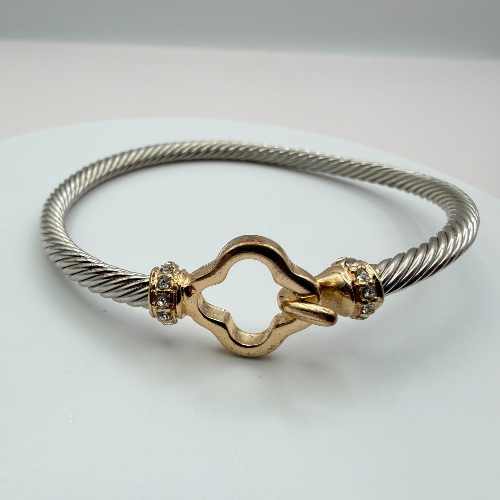 Vintage 90s Silver Tone Sophisticated Cable Bracelet Rhinestone Clover Jewelry - Thumbnail 7