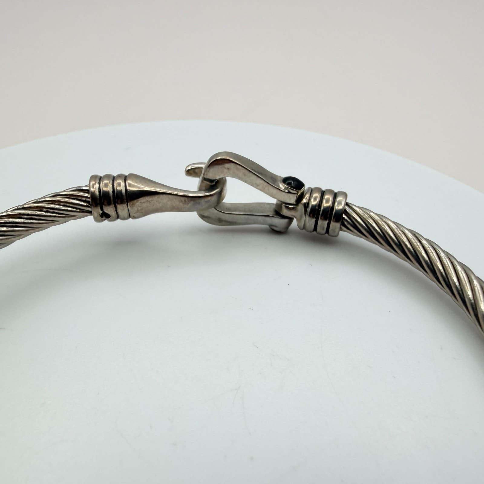 Vintage 80s Silver Tone Cable Twist Bracelet Textured Charm Hook Clasp Jewelry - Thumbnail 4
