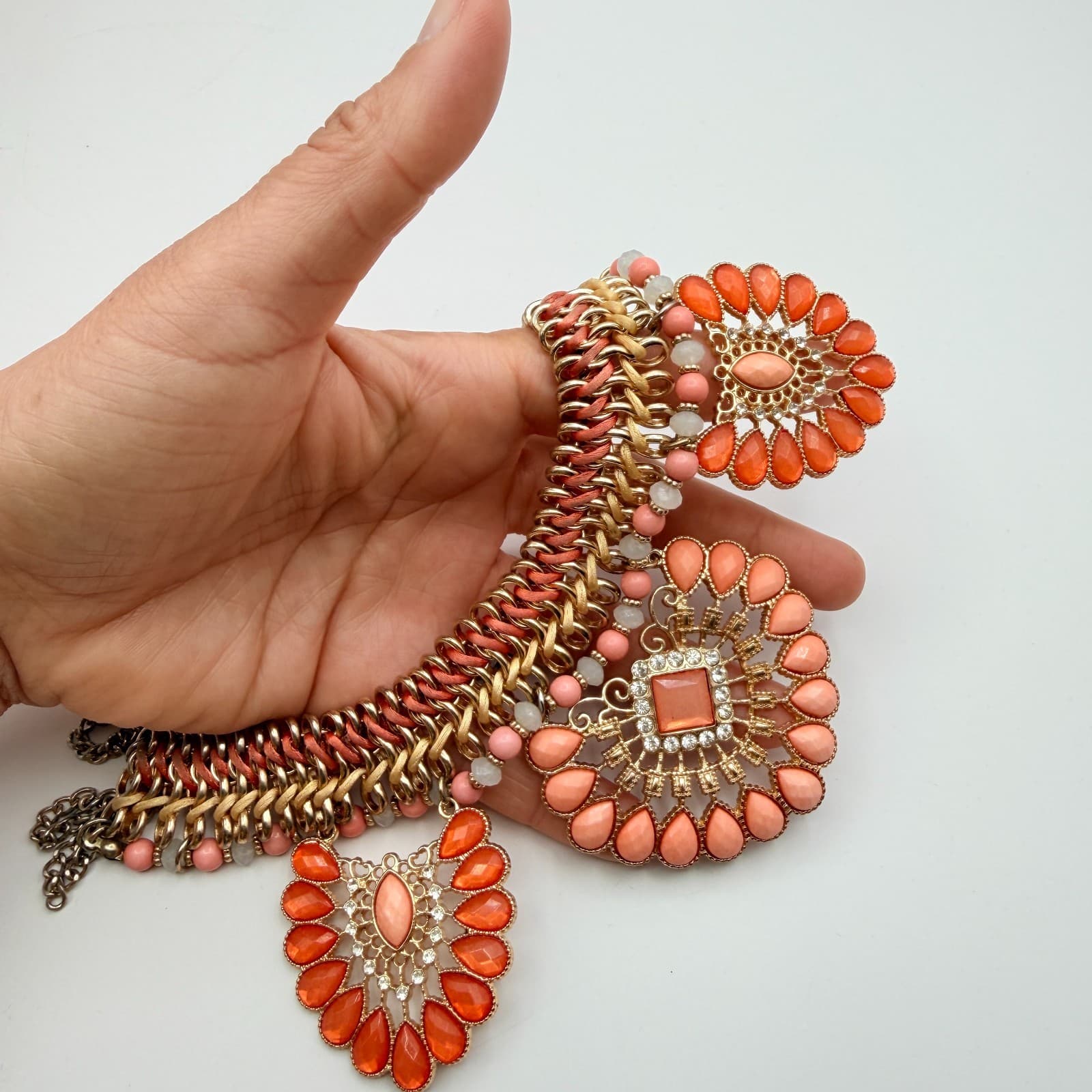 Vintage 90s Statement Necklace Orange Glass Stone Gold Tone Bib Necklace Boho - Thumbnail 9