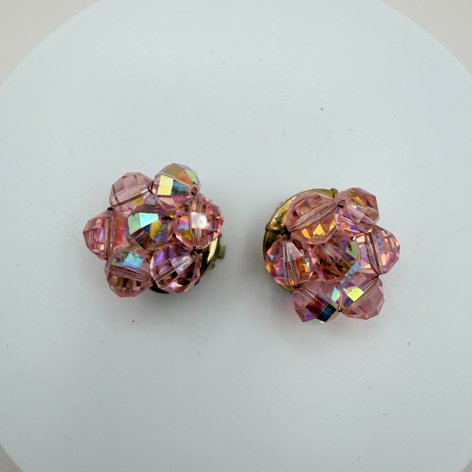 Vintage 90s Pink Glass Cluster Stud Earrings Set Faceted Beaded Women's Jewelry - Thumbnail 4