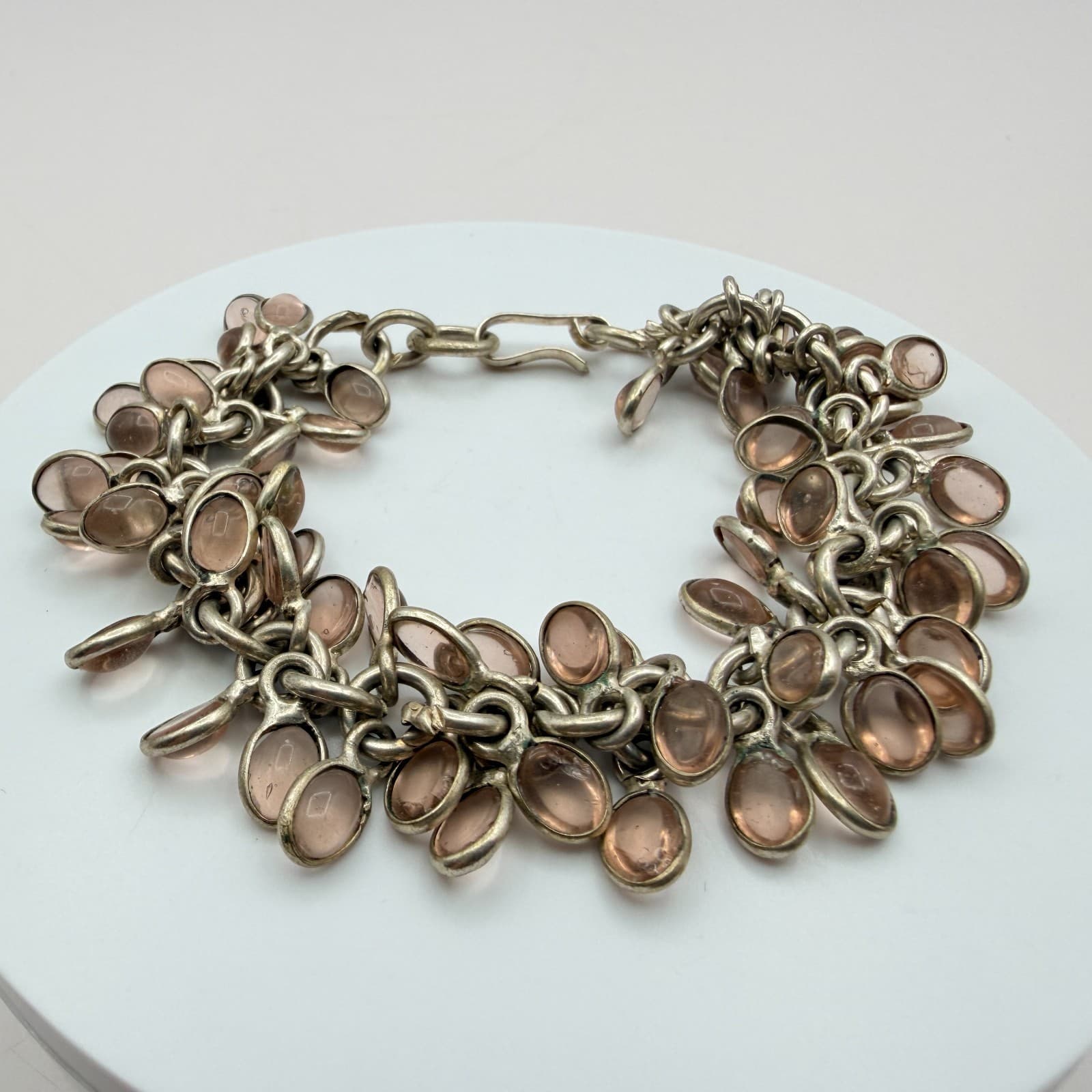 Vintage 50s Silver Tone Charm Bracelet Oval Pink Glass Cabochon Accents Jewelry - Image 1