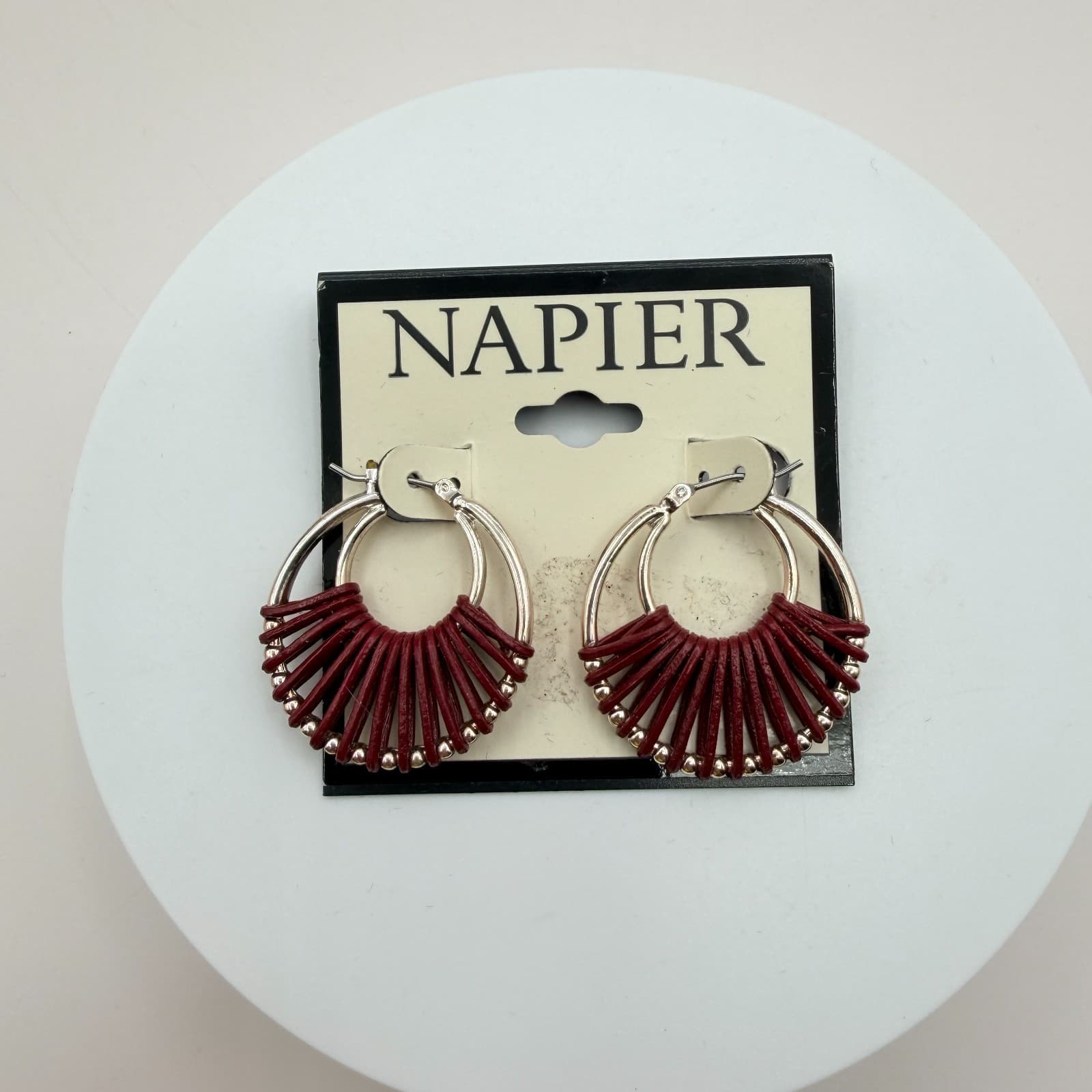 Vintage 90s Napier Silver Tone Hoop Earrings Red Leather Wrap Boho Jewelry - Thumbnail 2