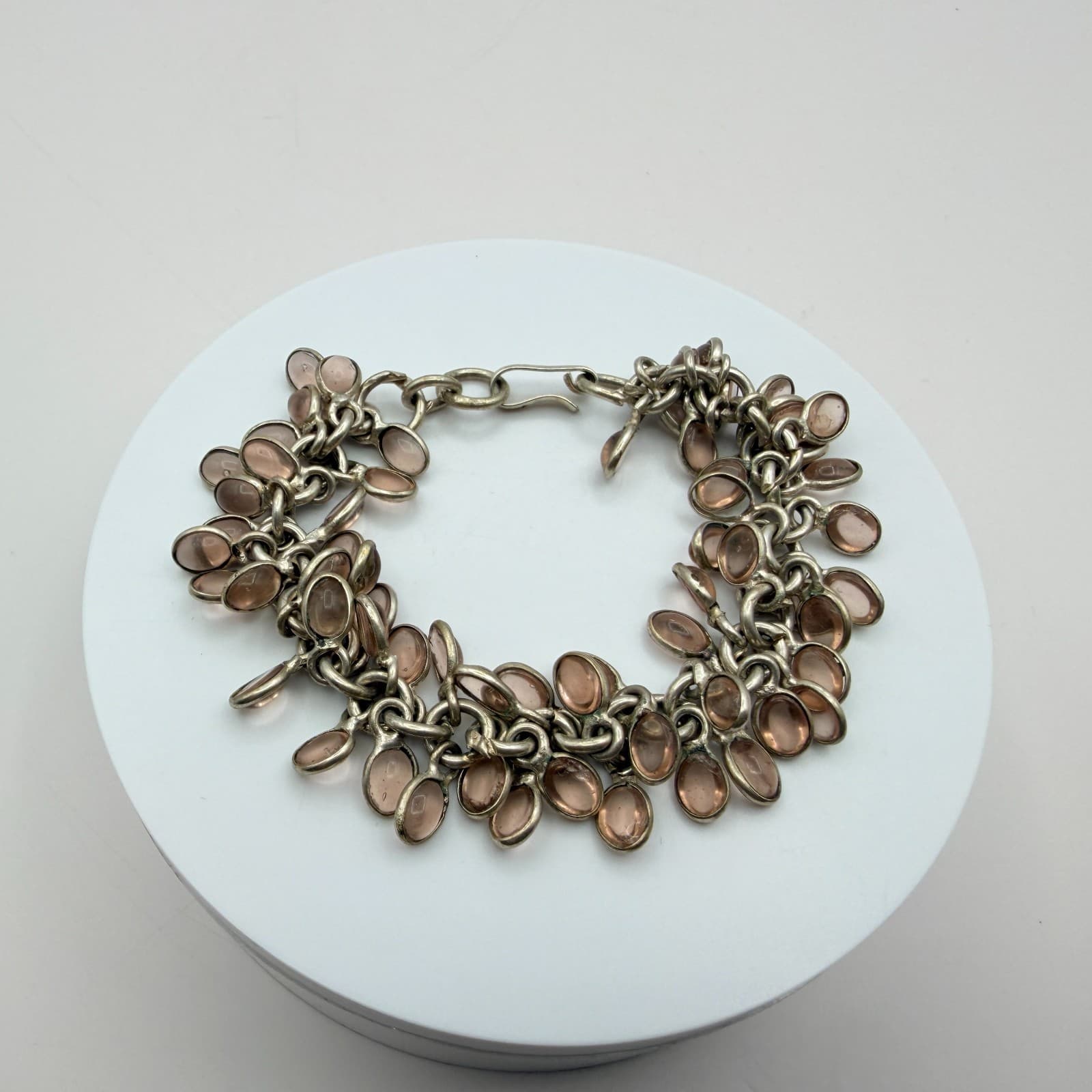 Vintage 50s Silver Tone Charm Bracelet Oval Pink Glass Cabochon Accents Jewelry - Thumbnail 2