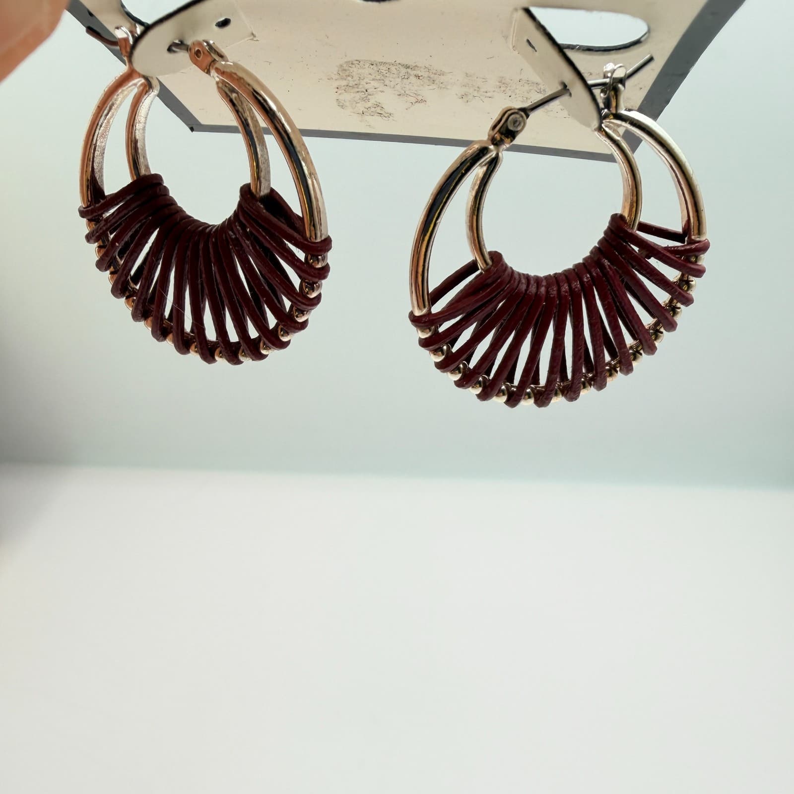 Vintage 90s Napier Silver Tone Hoop Earrings Red Leather Wrap Boho Jewelry - Thumbnail 7