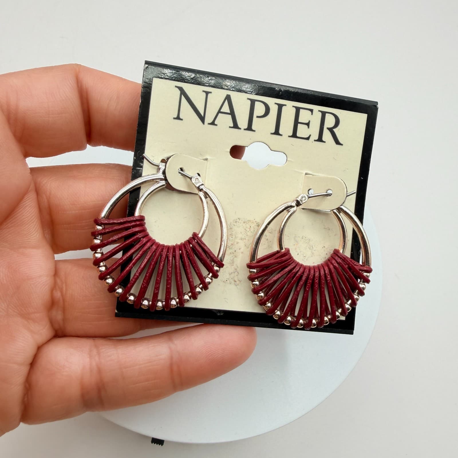 Vintage 90s Napier Silver Tone Hoop Earrings Red Leather Wrap Boho Jewelry - Thumbnail 6