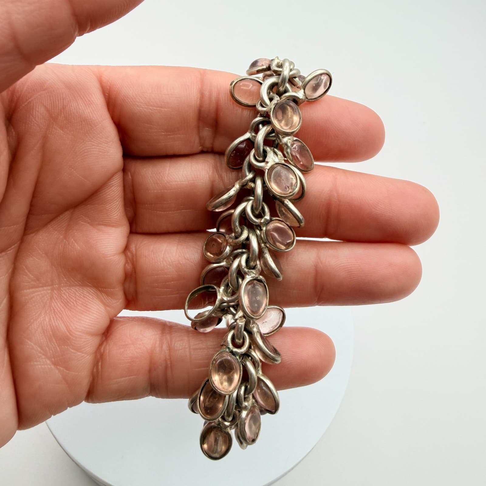 Vintage 50s Silver Tone Charm Bracelet Oval Pink Glass Cabochon Accents Jewelry - Thumbnail 5