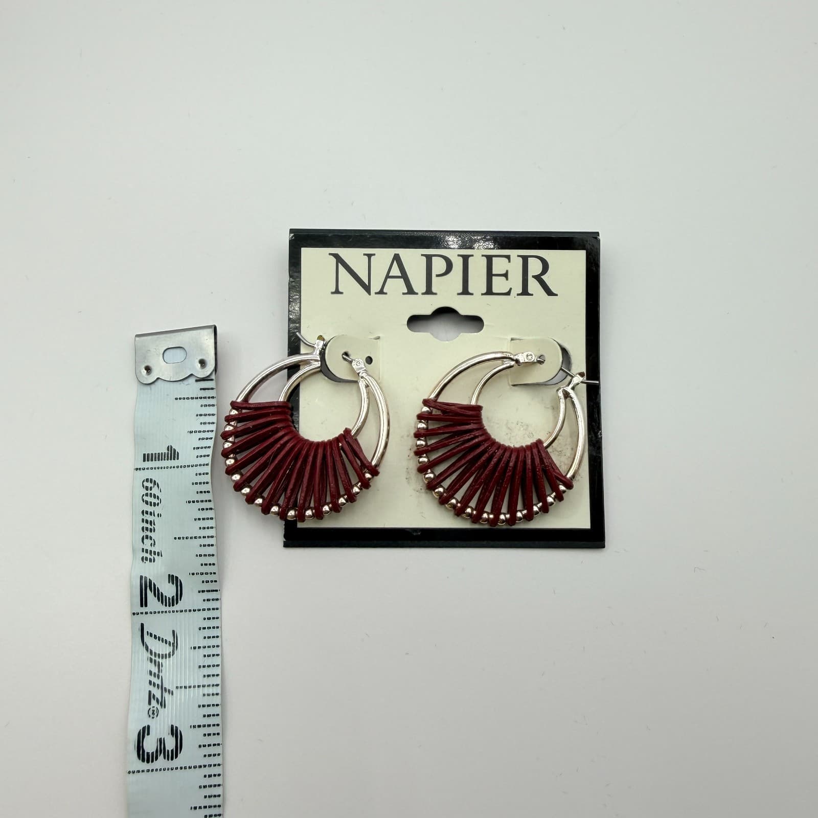 Vintage 90s Napier Silver Tone Hoop Earrings Red Leather Wrap Boho Jewelry - Thumbnail 8