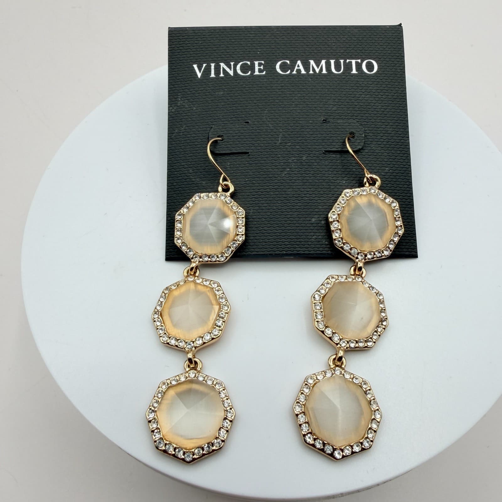 Vintage 90s Vince Camuto Gold Tone Champagne Glass Hexagon Dangle Drop Earrings - Thumbnail 3