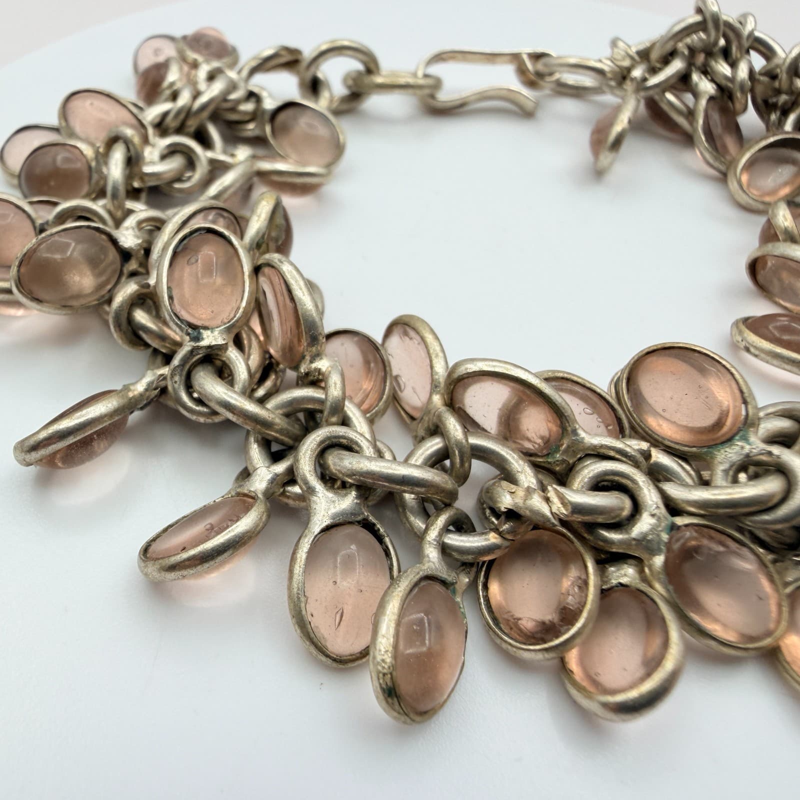 Vintage 50s Silver Tone Charm Bracelet Oval Pink Glass Cabochon Accents Jewelry - Thumbnail 6