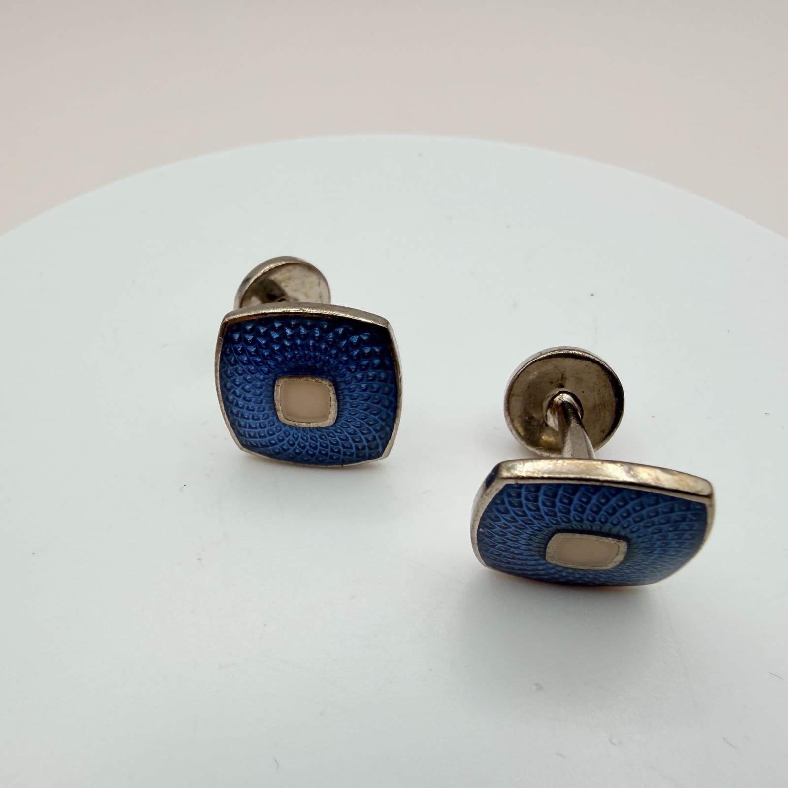 Vintage 90s Silver Tone Men Cufflink Stud Set Blue Red Enamel Jewelry - Thumbnail 5