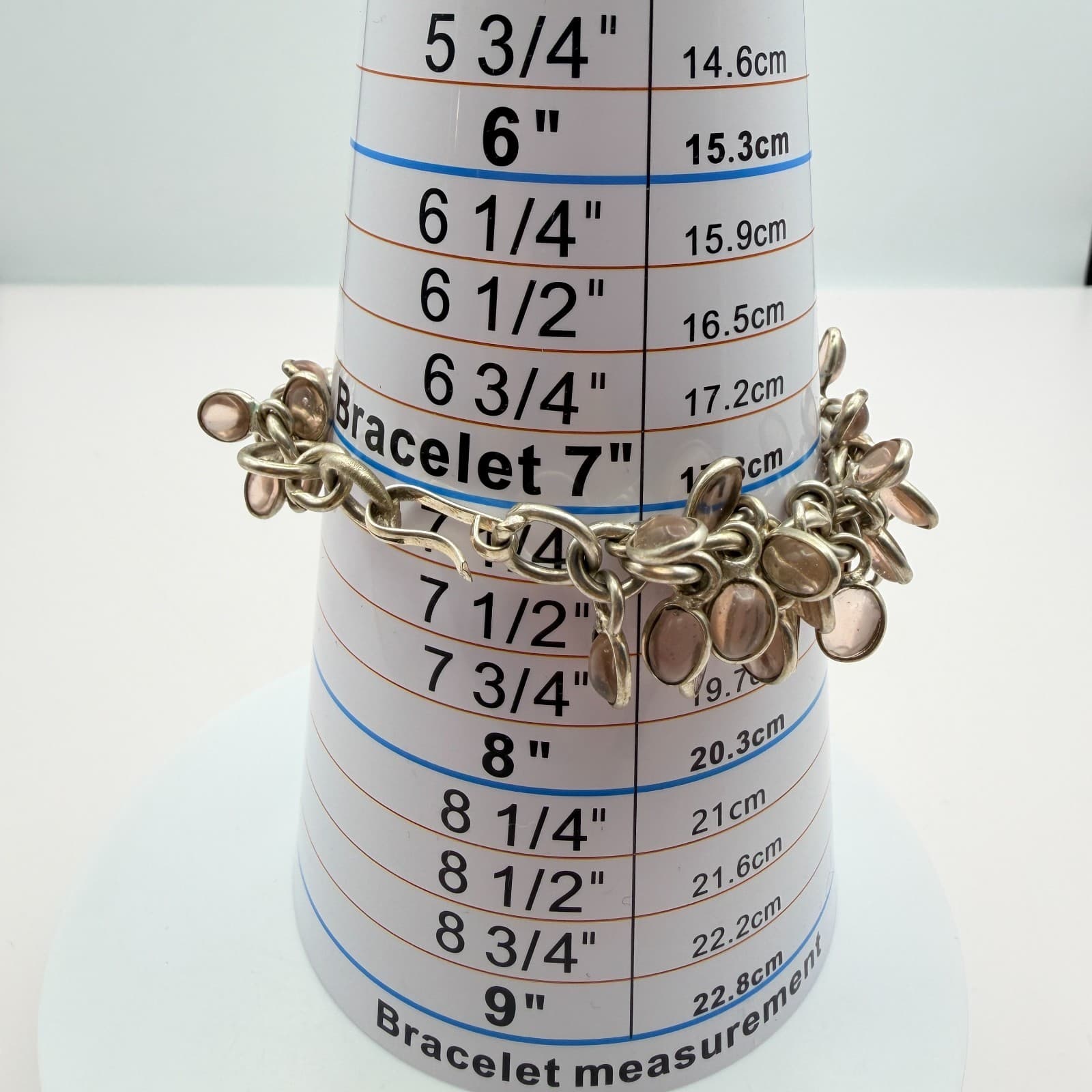 Vintage 50s Silver Tone Charm Bracelet Oval Pink Glass Cabochon Accents Jewelry - Thumbnail 10