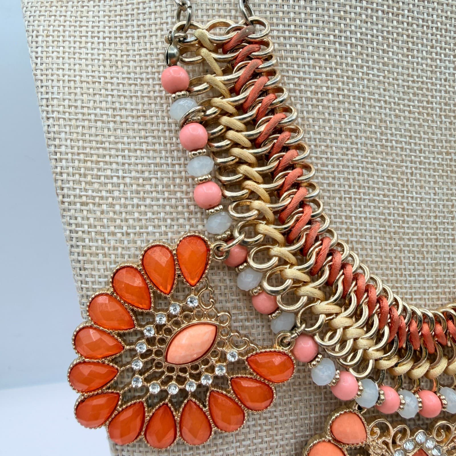 Vintage 90s Statement Necklace Orange Glass Stone Gold Tone Bib Necklace Boho - Thumbnail 3