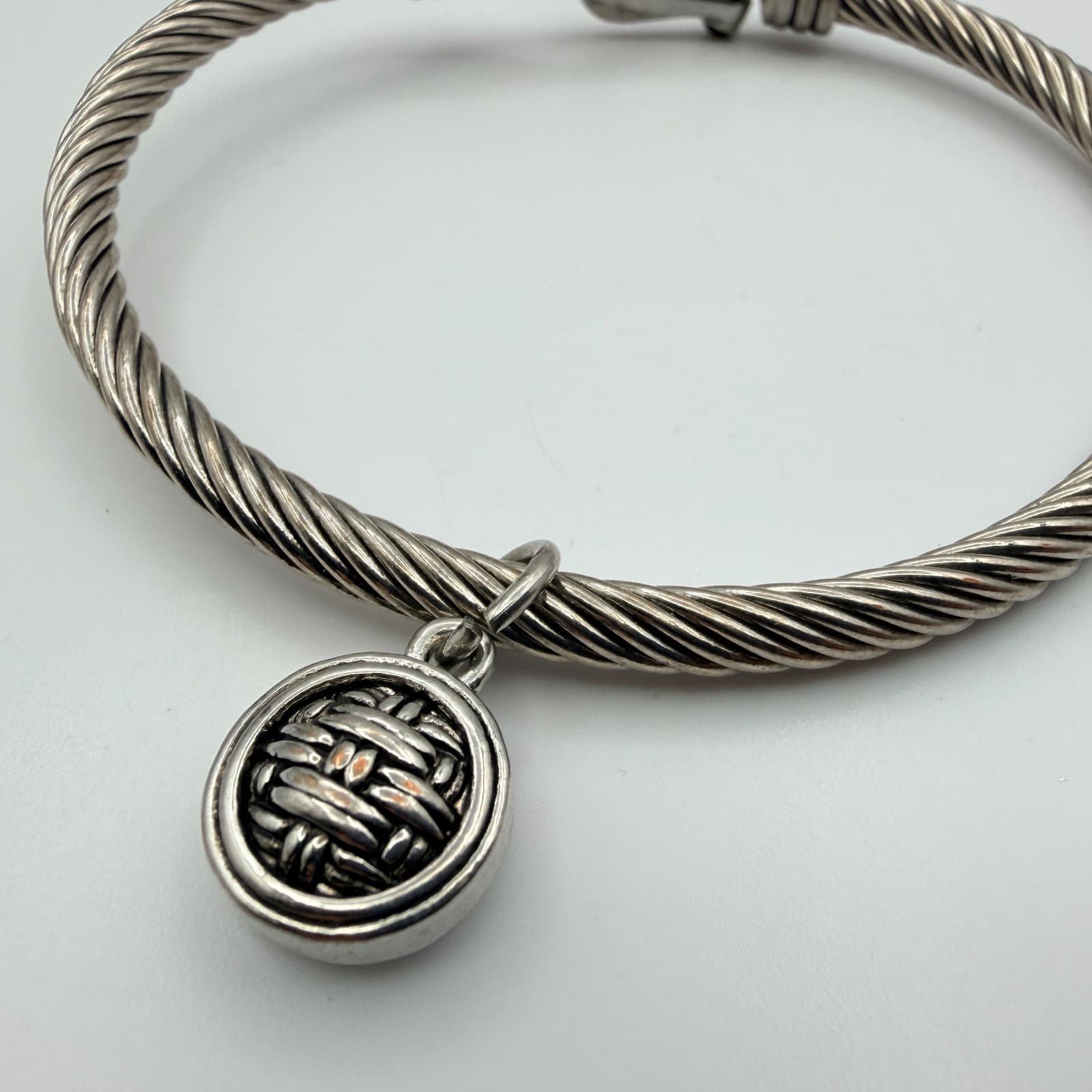 Vintage 80s Silver Tone Cable Twist Bracelet Textured Charm Hook Clasp Jewelry - Thumbnail 6