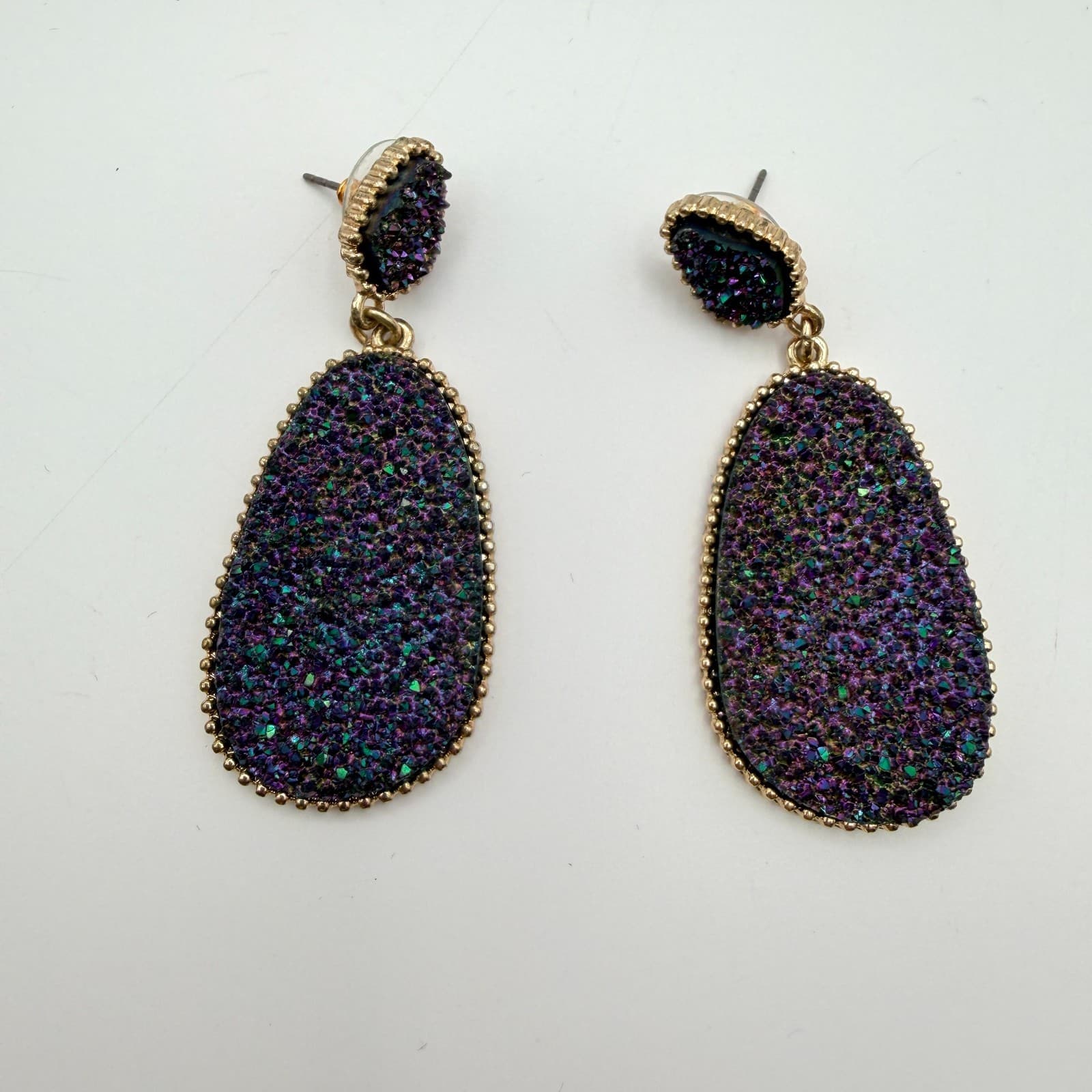 Vintage 90s Emerald Green Druzy Geometric Dangle Earrings Glass Accents Jewelry - Thumbnail 4