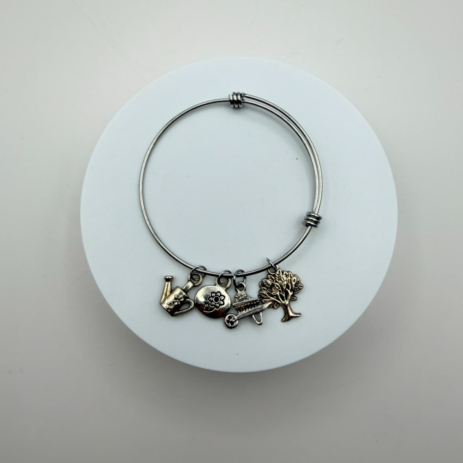 Vintage 90s Silver Tone Expandable Bracelet Featuring Gardening Charms Jewelry - Thumbnail 5
