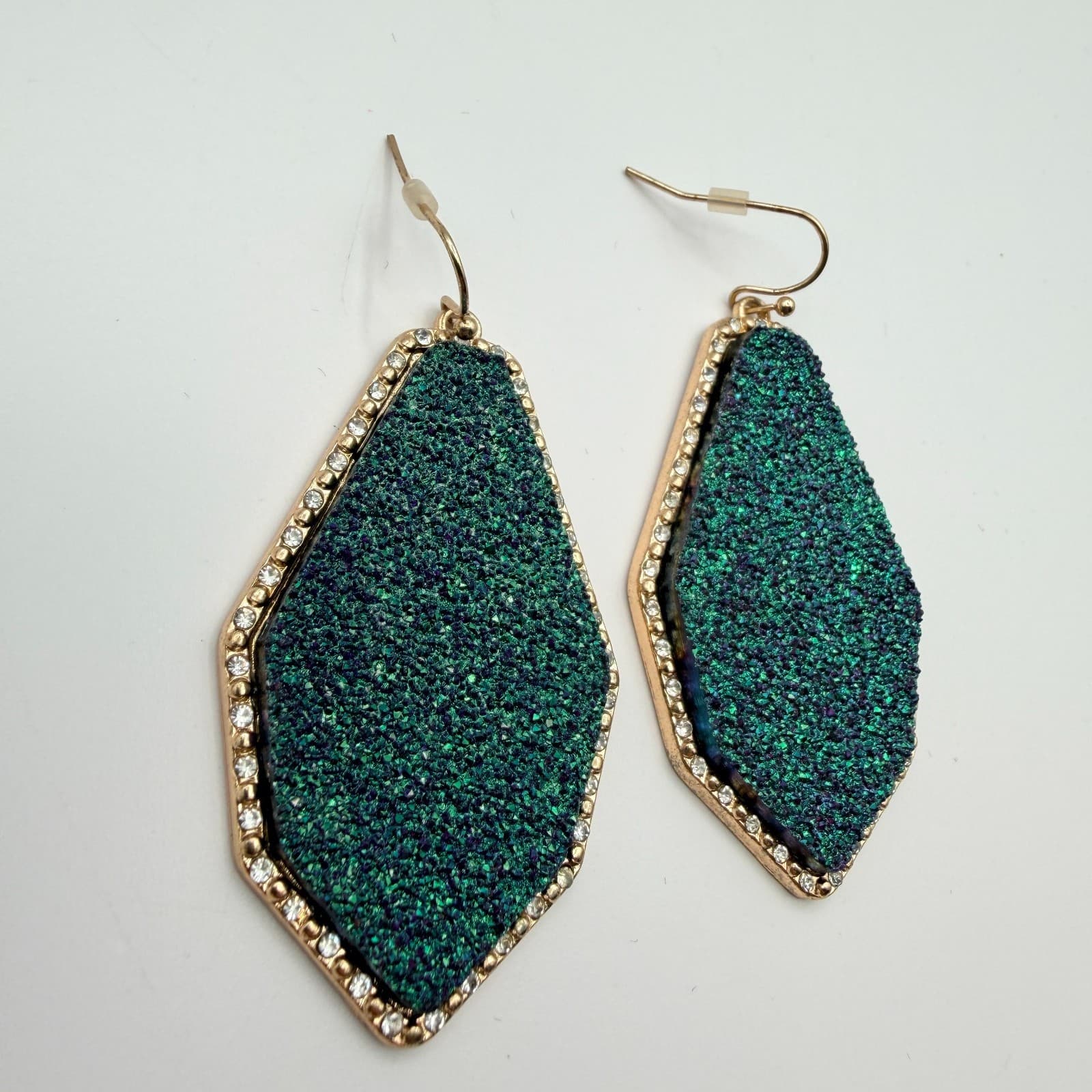 Vintage 90s Emerald Green Druzy Geometric Dangle Earrings Glass Accents Jewelry - Thumbnail 7