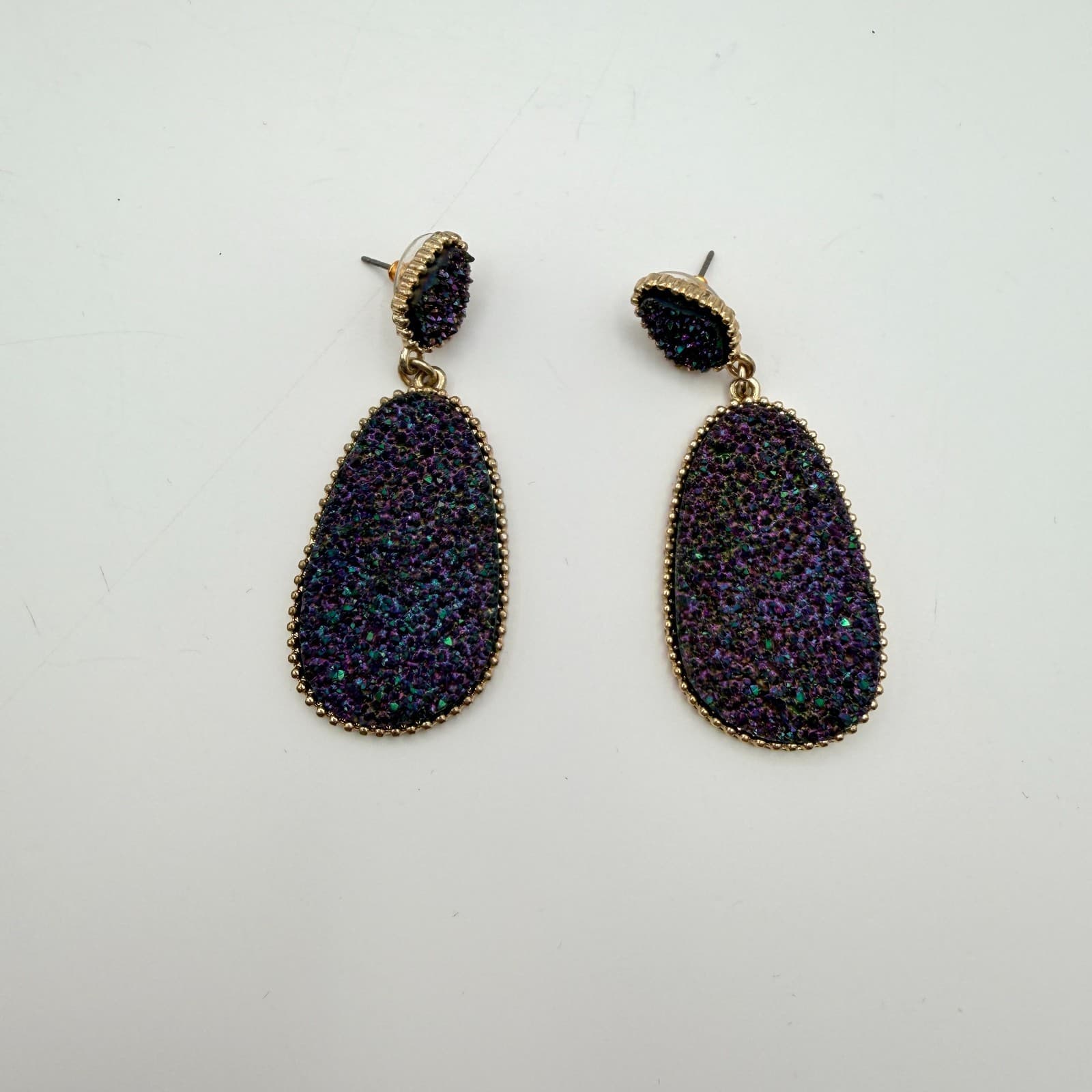 Vintage 90s Emerald Green Druzy Geometric Dangle Earrings Glass Accents Jewelry - Thumbnail 8