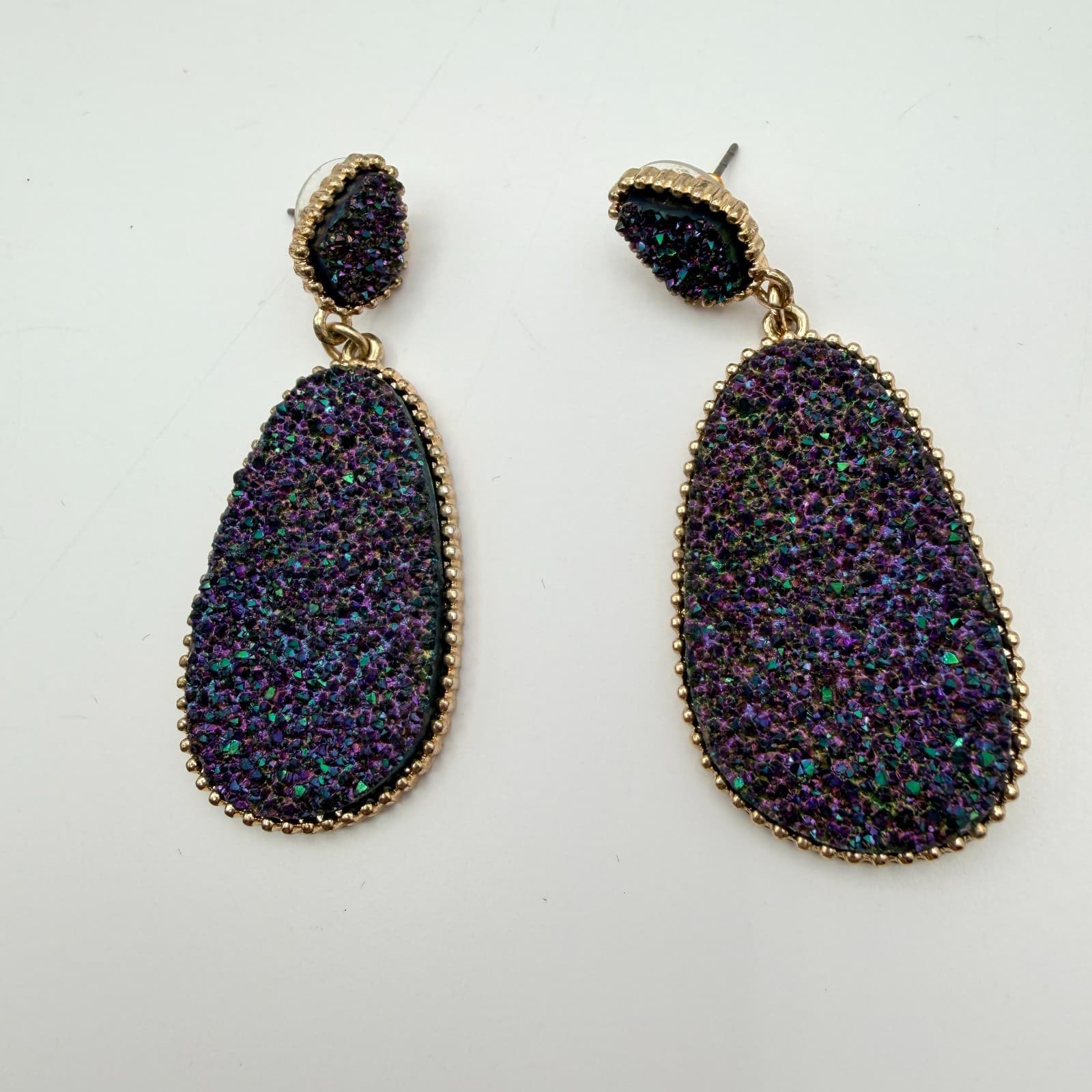 Vintage 90s Emerald Green Druzy Geometric Dangle Earrings Glass Accents Jewelry - Thumbnail 5