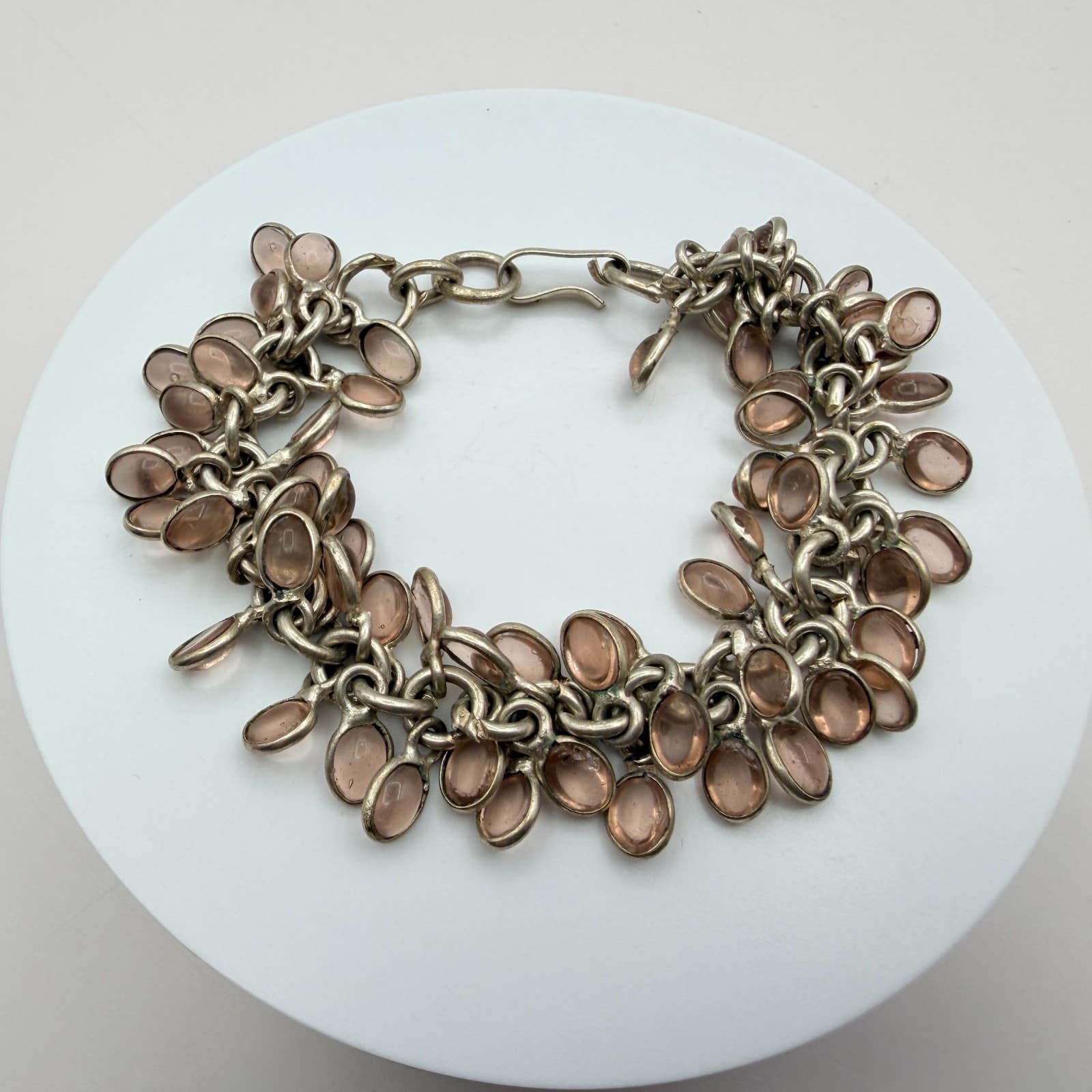 Vintage 50s Silver Tone Charm Bracelet Oval Pink Glass Cabochon Accents Jewelry - Thumbnail 4
