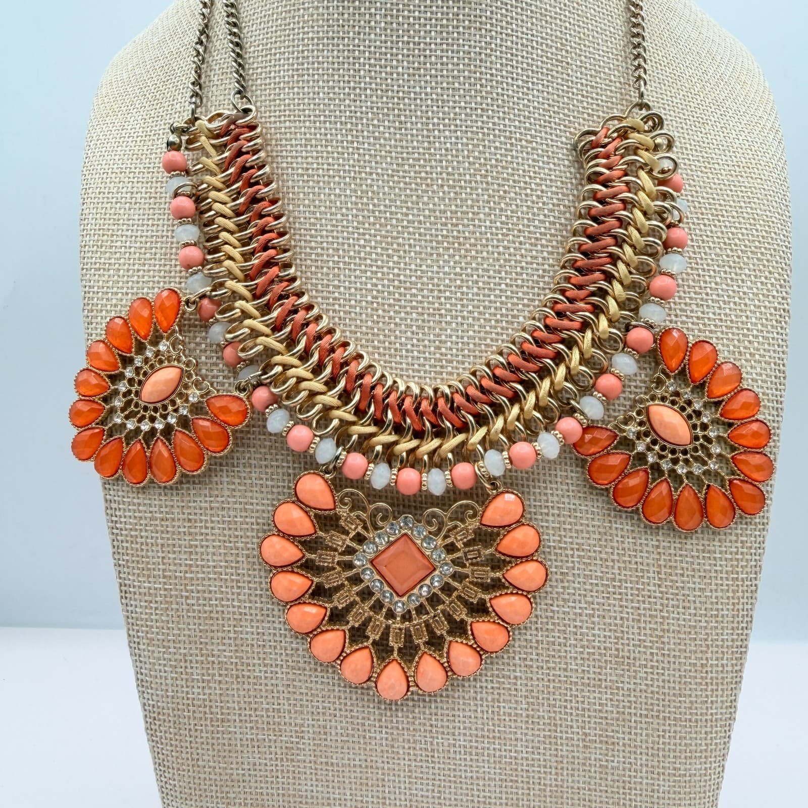 Vintage 90s Statement Necklace Orange Glass Stone Gold Tone Bib Necklace Boho - Thumbnail 5
