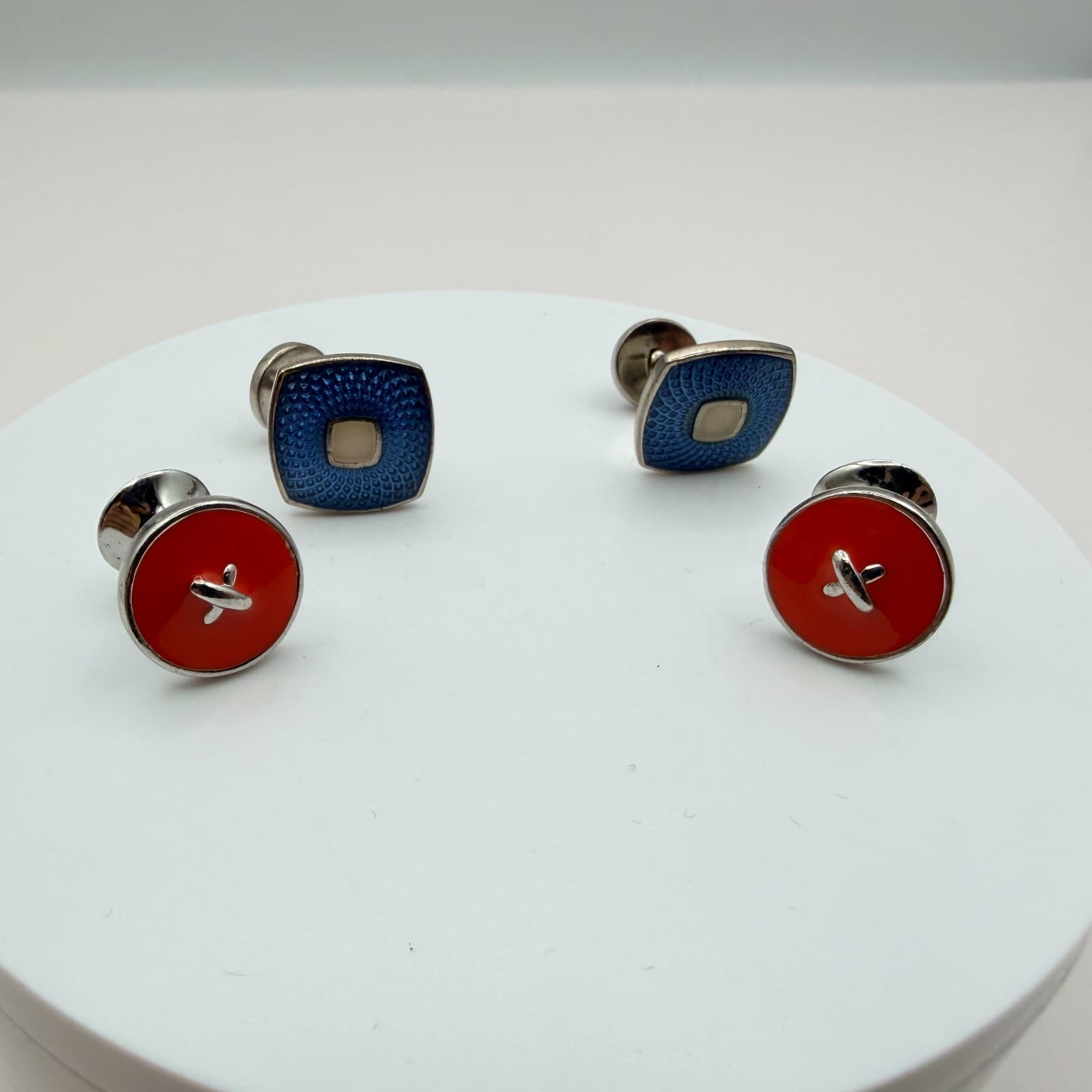 Vintage 90s Silver Tone Men Cufflink Stud Set Blue Red Enamel Jewelry - Image 1