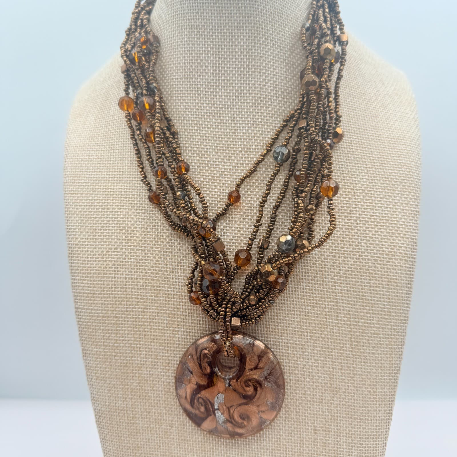 Vintage Y2K Multi Strand Seed Beaded Pendant Necklace Statement Women's Jewelry - Thumbnail 5