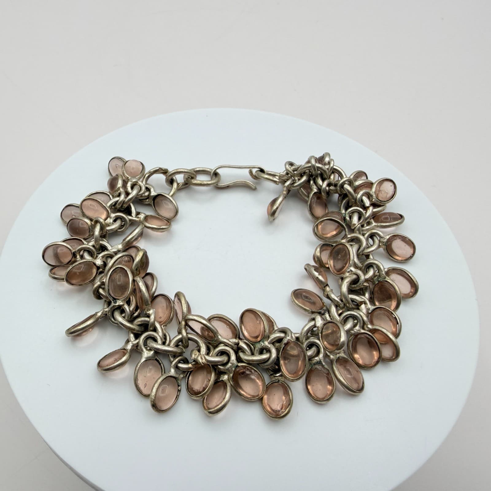 Vintage 50s Silver Tone Charm Bracelet Oval Pink Glass Cabochon Accents Jewelry - Thumbnail 3