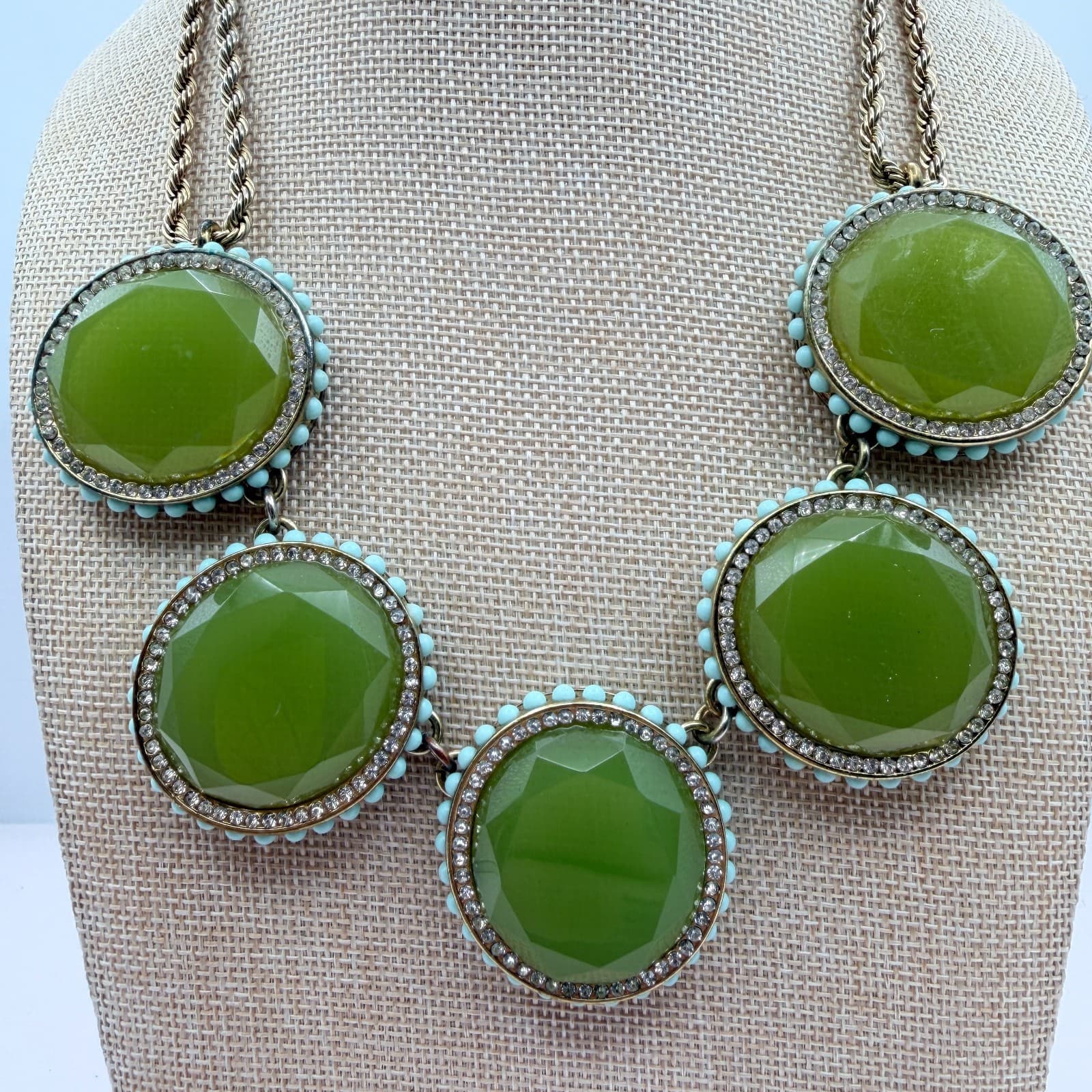 Vintage 90s Banana Republic Green Glass Bib Statement Necklace Gold Tone Boho - Thumbnail 5