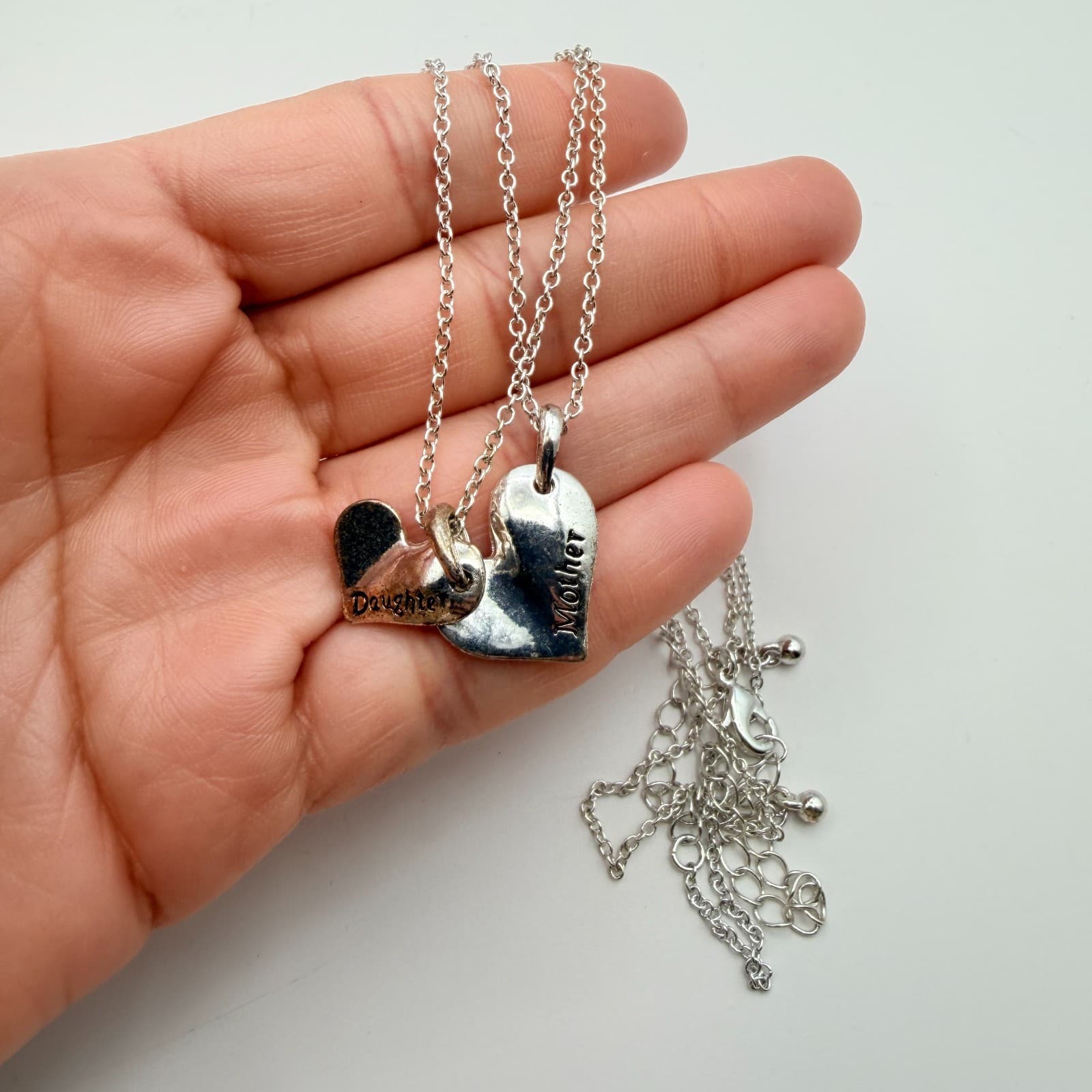 Vintage Y2K Silver Tone Mother Daughter Heart Pendant Necklace Set Jewelry - Thumbnail 8