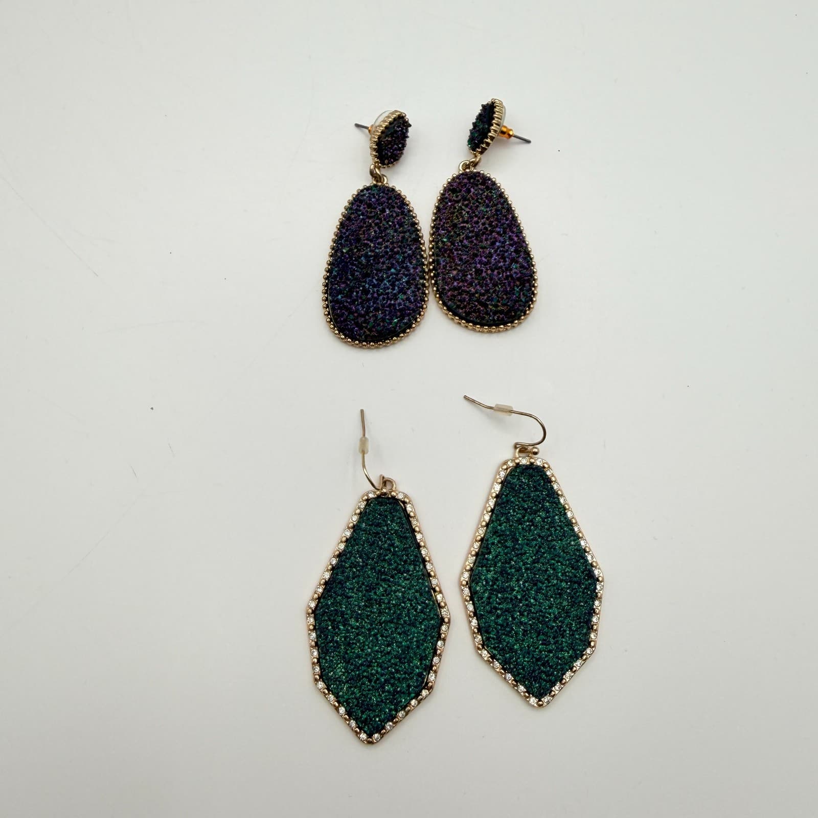 Vintage 90s Emerald Green Druzy Geometric Dangle Earrings Glass Accents Jewelry - Thumbnail 2