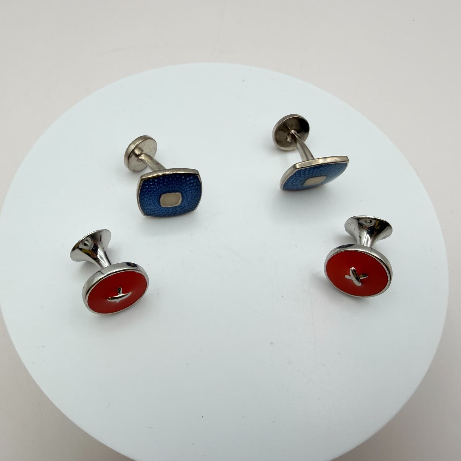 Vintage 90s Silver Tone Men Cufflink Stud Set Blue Red Enamel Jewelry - Thumbnail 2