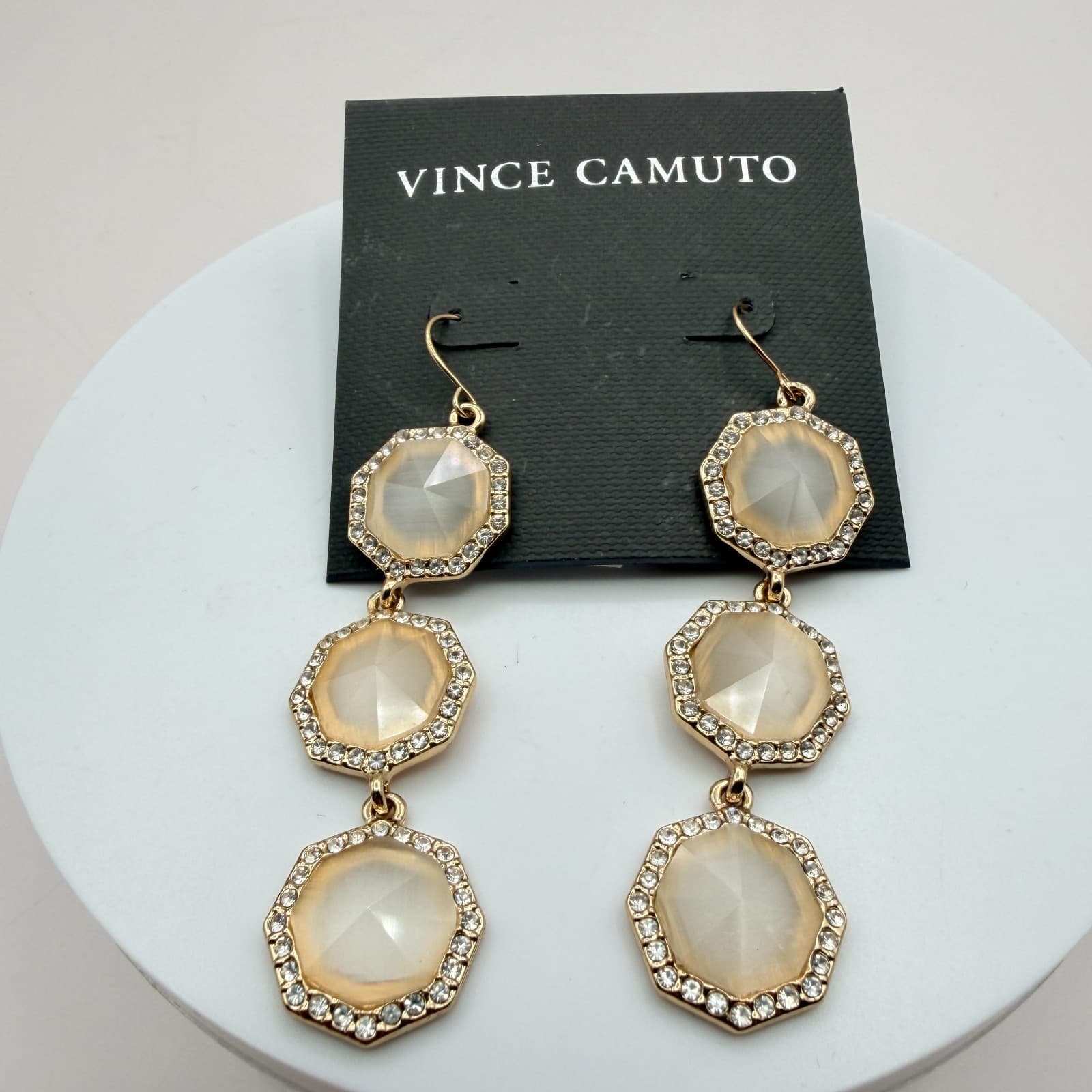 Vintage 90s Vince Camuto Gold Tone Champagne Glass Hexagon Dangle Drop Earrings - Thumbnail 2
