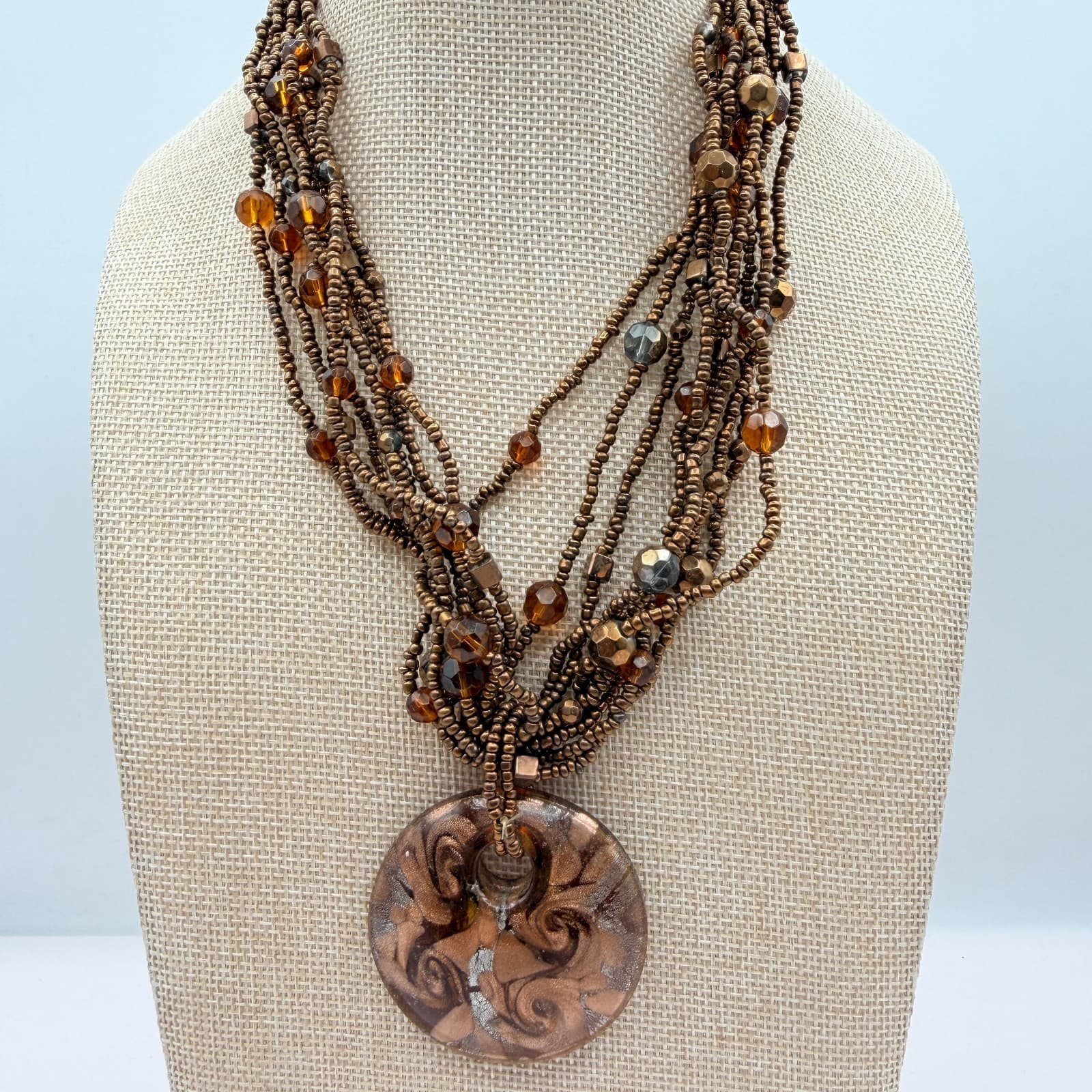 Vintage Y2K Multi Strand Seed Beaded Pendant Necklace Statement Women's Jewelry - Image 1