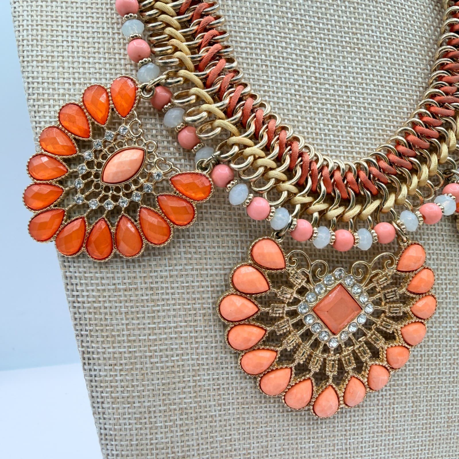 Vintage 90s Statement Necklace Orange Glass Stone Gold Tone Bib Necklace Boho - Thumbnail 4