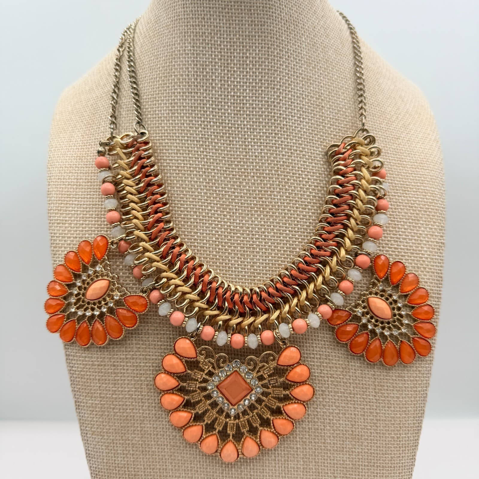 Vintage 90s Statement Necklace Orange Glass Stone Gold Tone Bib Necklace Boho - Image 1