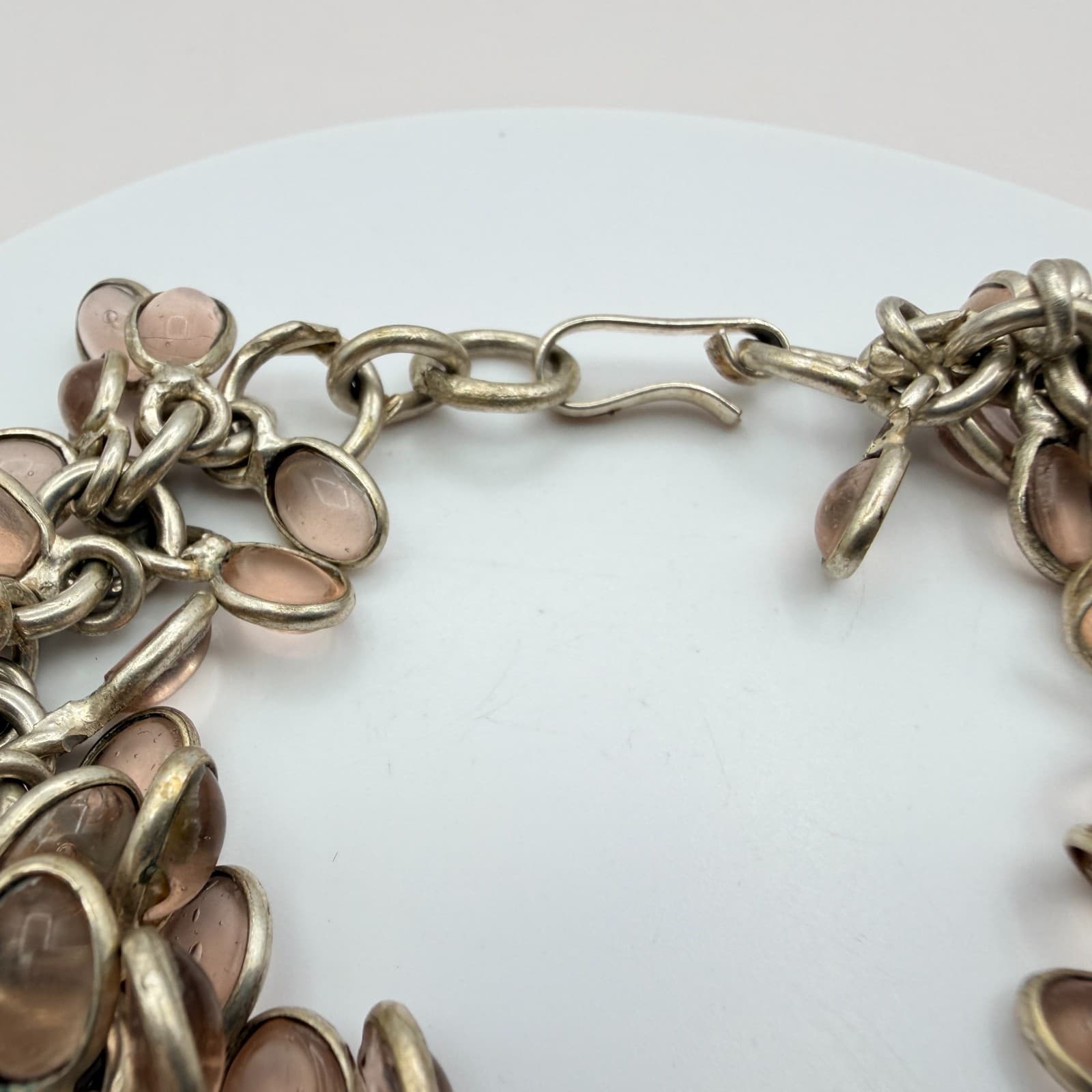 Vintage 50s Silver Tone Charm Bracelet Oval Pink Glass Cabochon Accents Jewelry - Thumbnail 9
