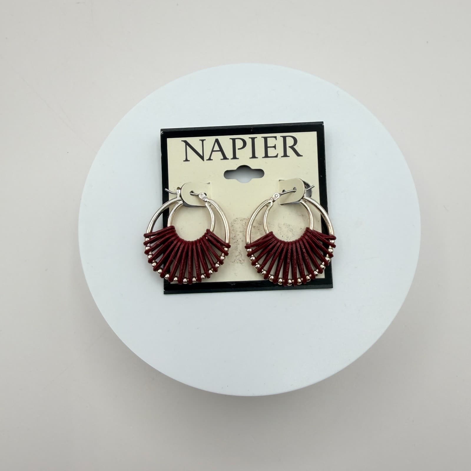 Vintage 90s Napier Silver Tone Hoop Earrings Red Leather Wrap Boho Jewelry - Thumbnail 5