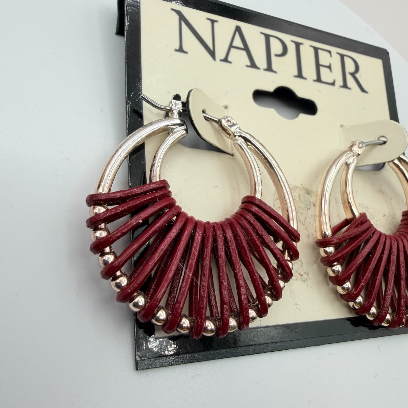 Vintage 90s Napier Silver Tone Hoop Earrings Red Leather Wrap Boho Jewelry - Thumbnail 3