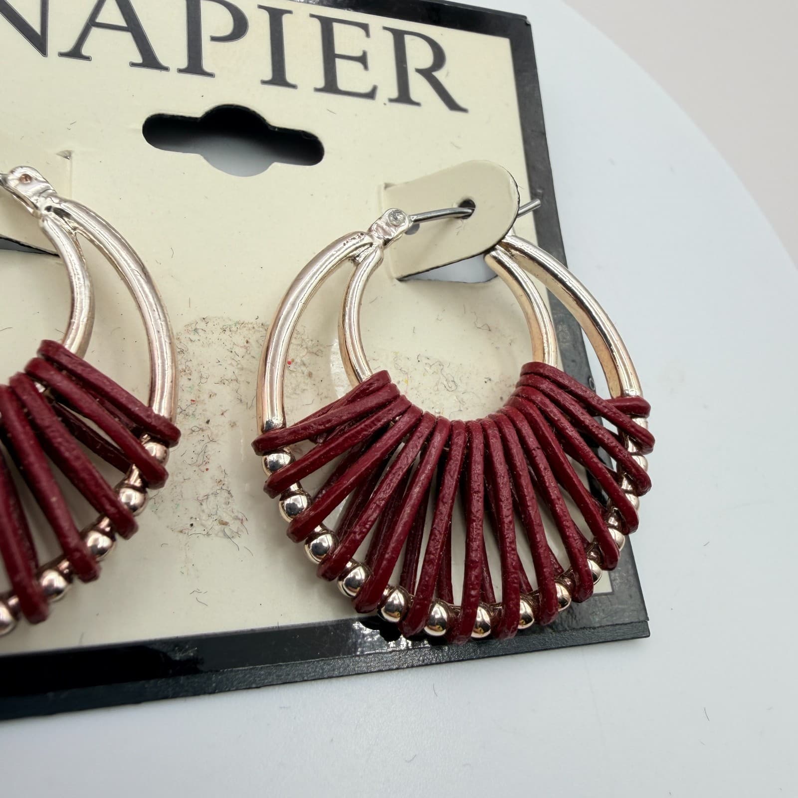 Vintage 90s Napier Silver Tone Hoop Earrings Red Leather Wrap Boho Jewelry - Thumbnail 4