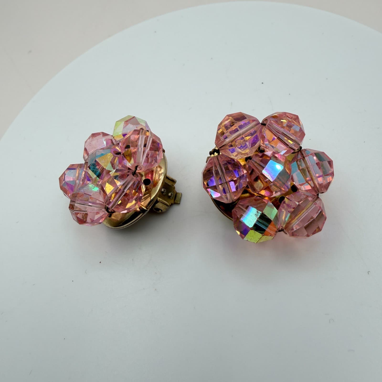 Vintage 90s Pink Glass Cluster Stud Earrings Set Faceted Beaded Women's Jewelry - Thumbnail 6