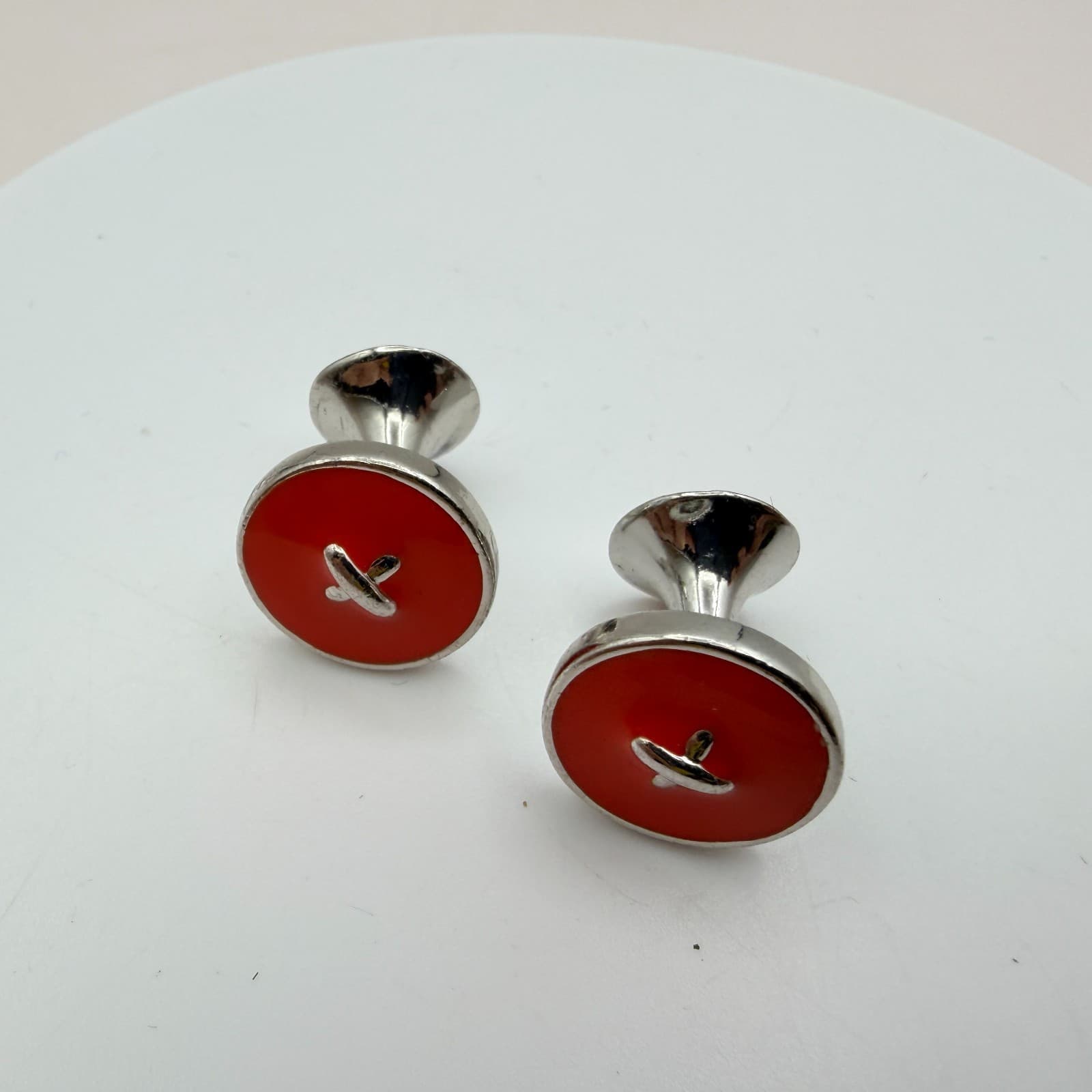 Vintage 90s Silver Tone Men Cufflink Stud Set Blue Red Enamel Jewelry - Thumbnail 9