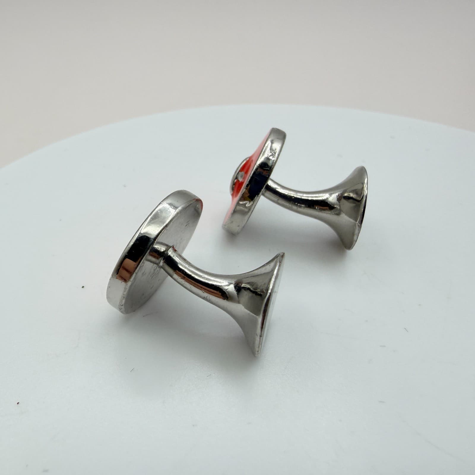 Vintage 90s Silver Tone Men Cufflink Stud Set Blue Red Enamel Jewelry - Thumbnail 11