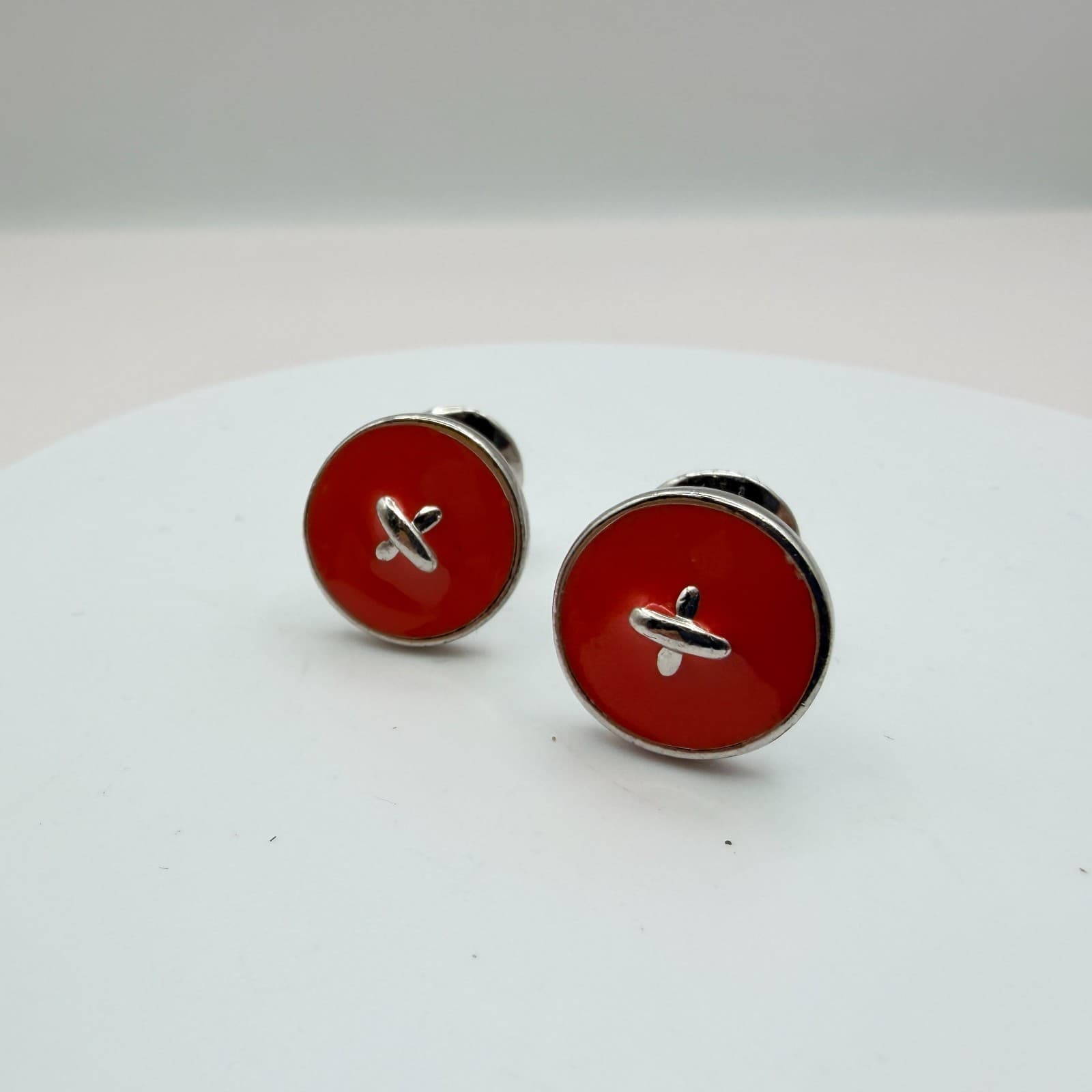Vintage 90s Silver Tone Men Cufflink Stud Set Blue Red Enamel Jewelry - Thumbnail 8