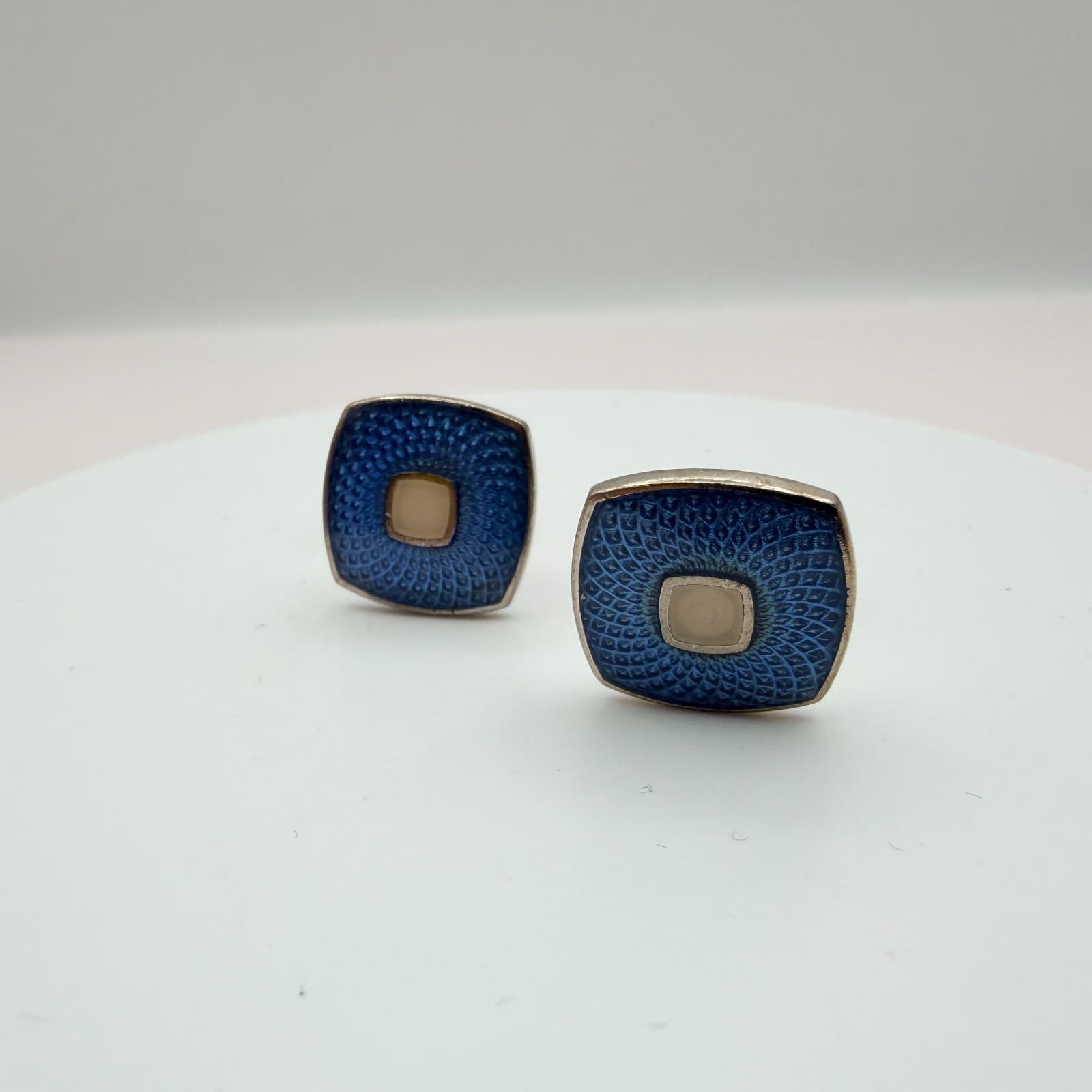 Vintage 90s Silver Tone Men Cufflink Stud Set Blue Red Enamel Jewelry - Thumbnail 4