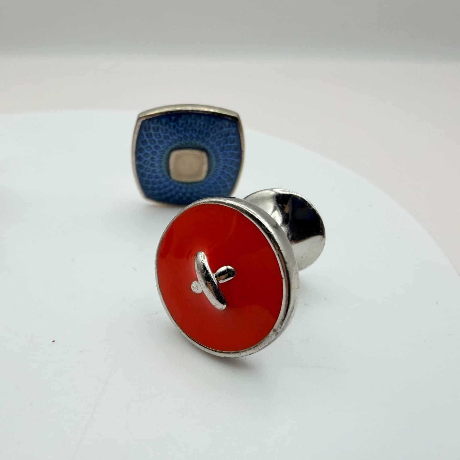 Vintage 90s Silver Tone Men Cufflink Stud Set Blue Red Enamel Jewelry - Thumbnail 3