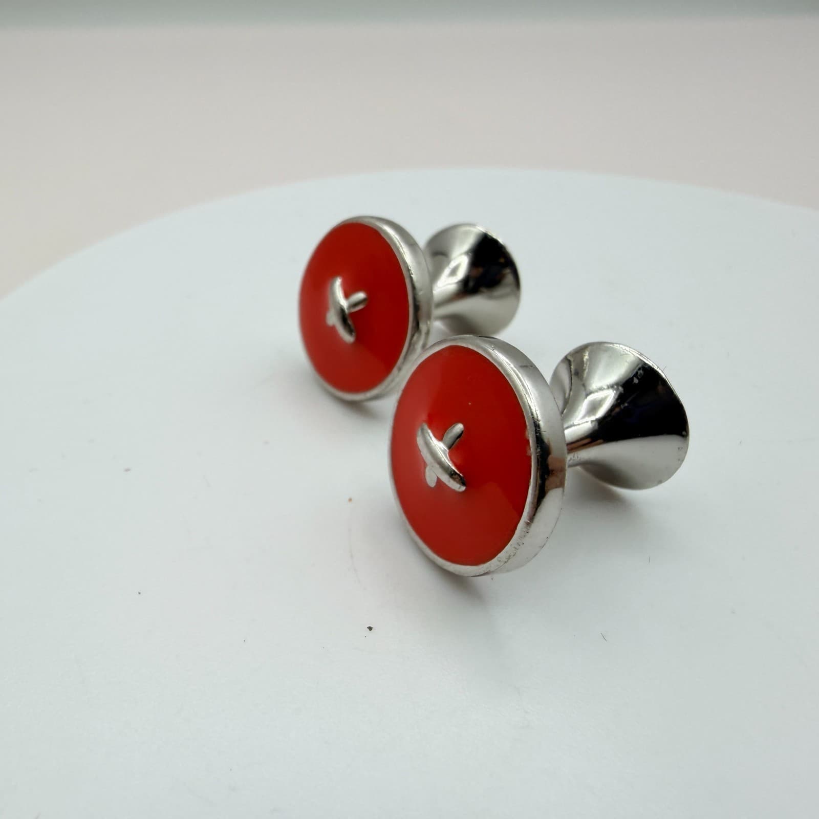 Vintage 90s Silver Tone Men Cufflink Stud Set Blue Red Enamel Jewelry - Thumbnail 10